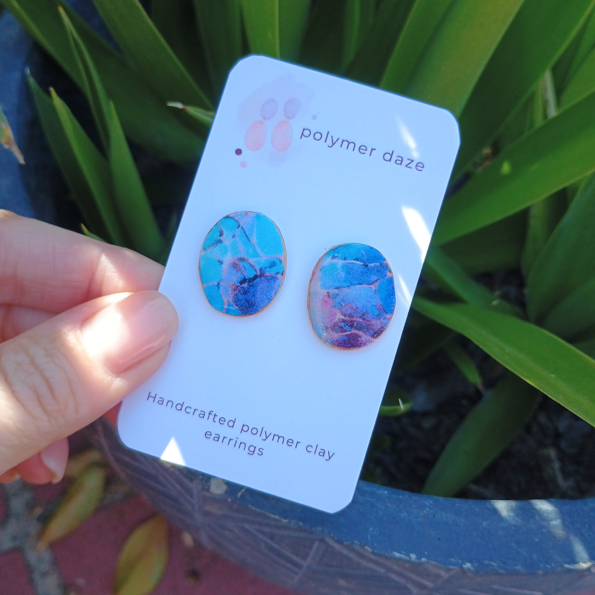 Polymer clay watercolour stud earring purple blue