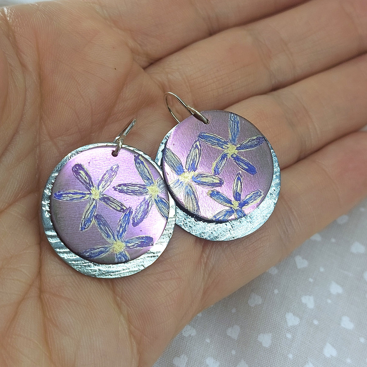 Titanium Disc Earrings with Philothica Design- Pink and Ice Blue