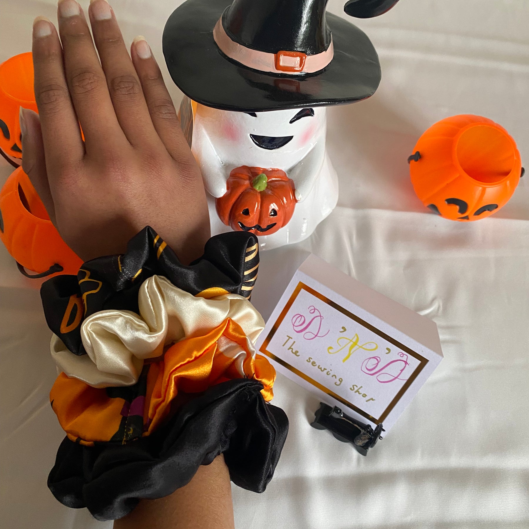🎃 Handmade Halloween Satin Scrunchies – Set of 4