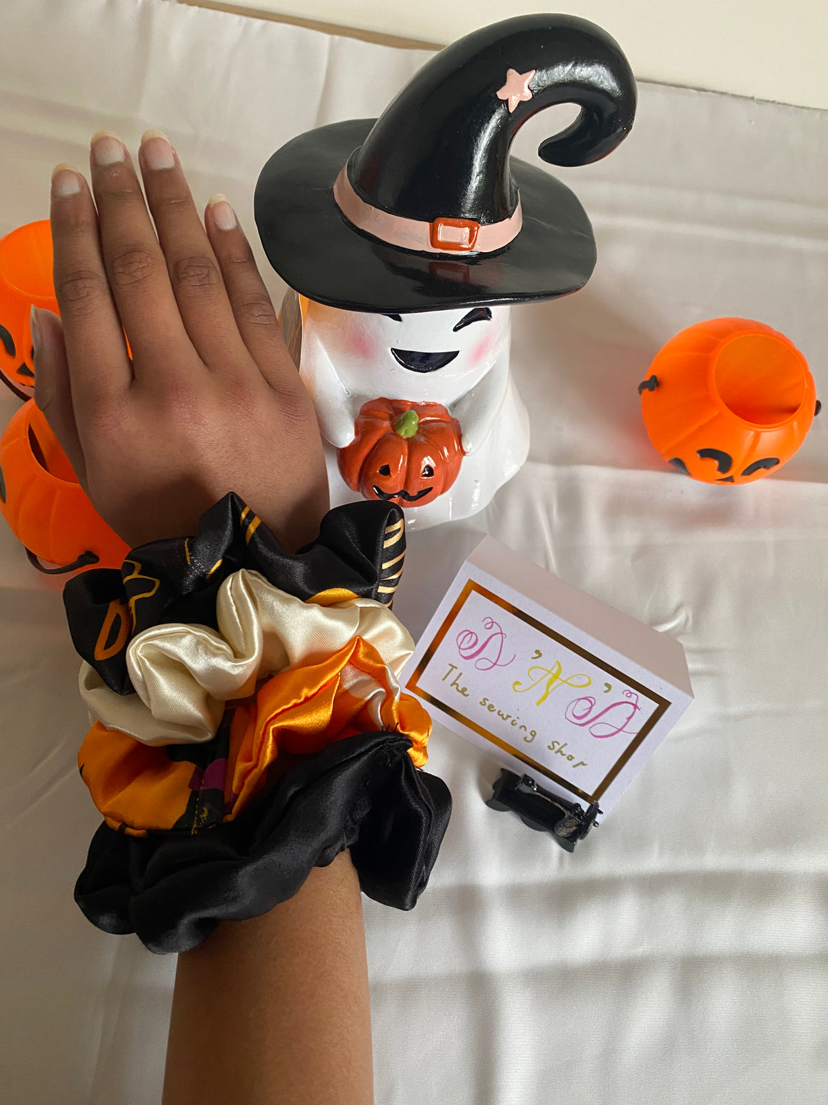 🎃 Handmade Halloween Satin Scrunchies – Set of 4
