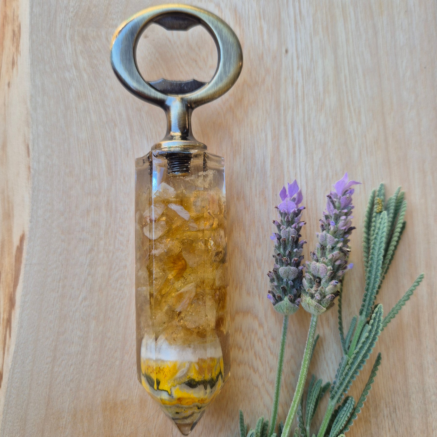 Handmade Resin Bottle Opener with embedded Jasper and Citrine