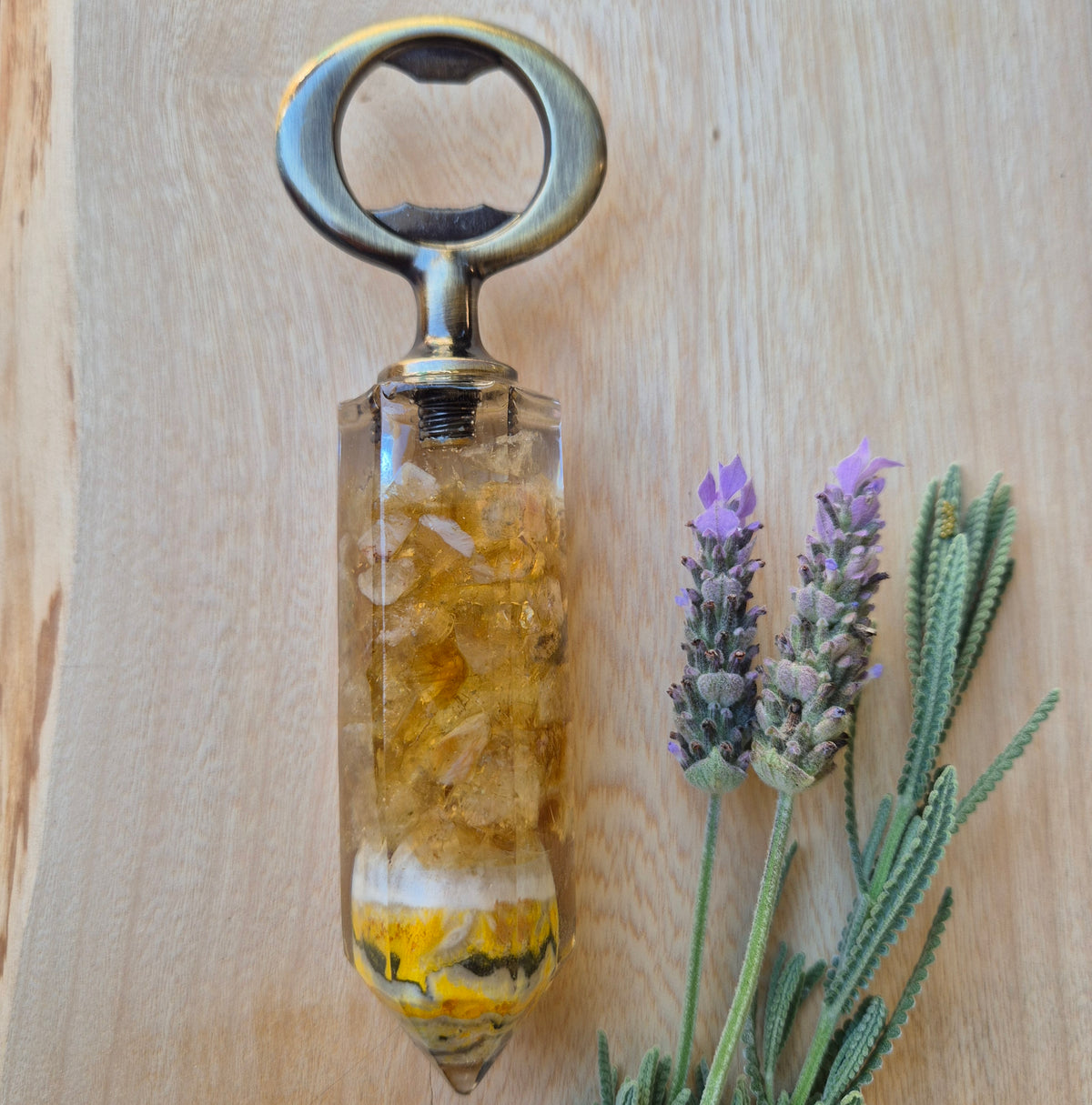 Handmade Resin Bottle Opener with embedded Jasper and Citrine