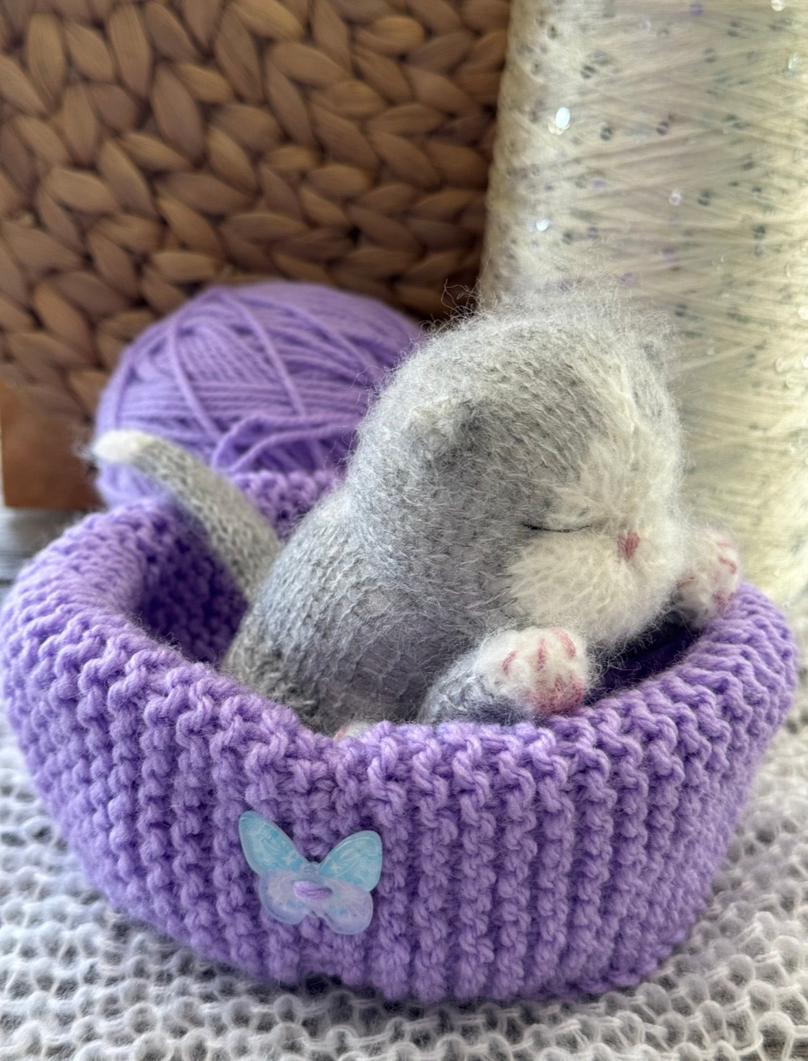 Handmade Grey Sleeping Kitten in a Lavender Bed