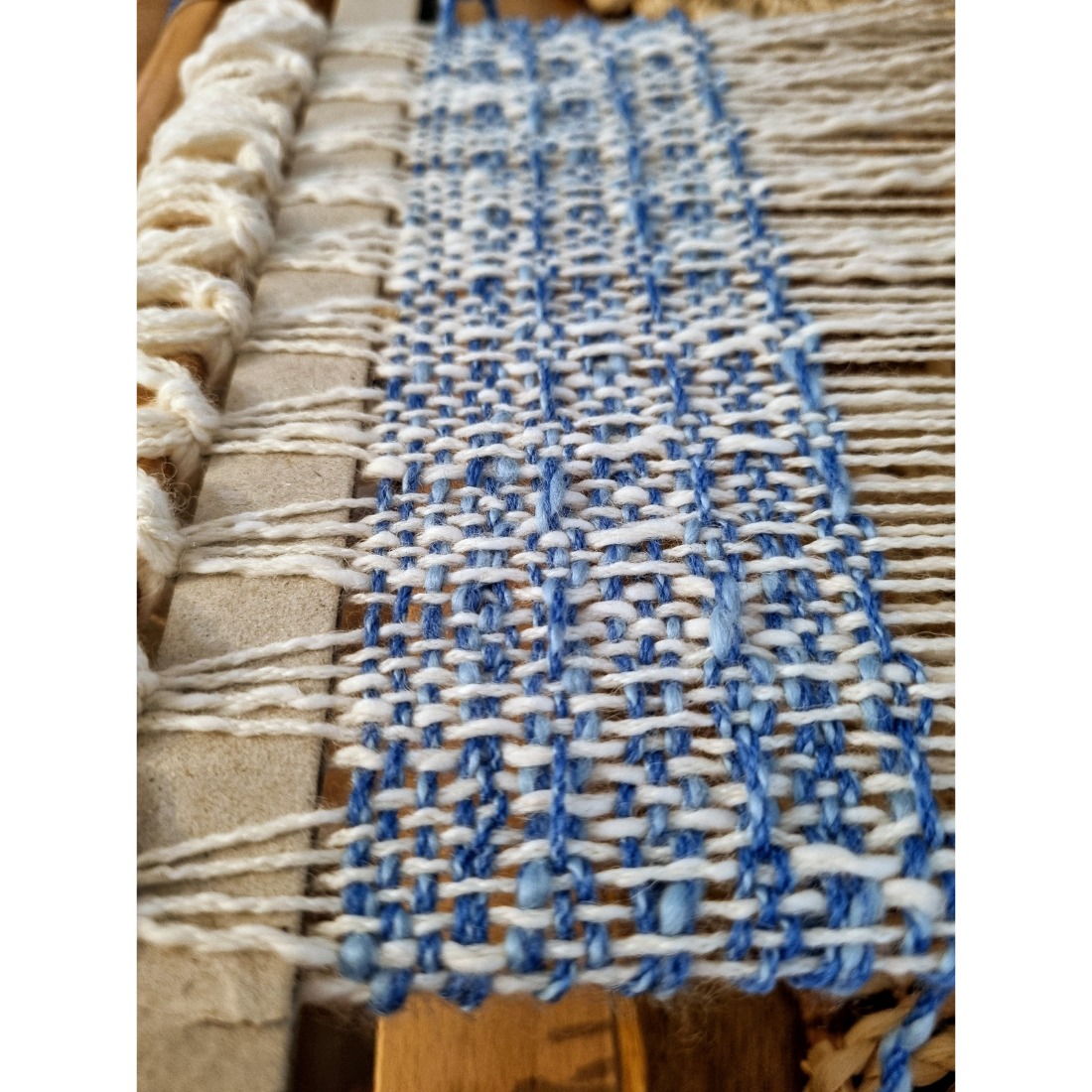 Cozy blue and white waffle-weave scarf