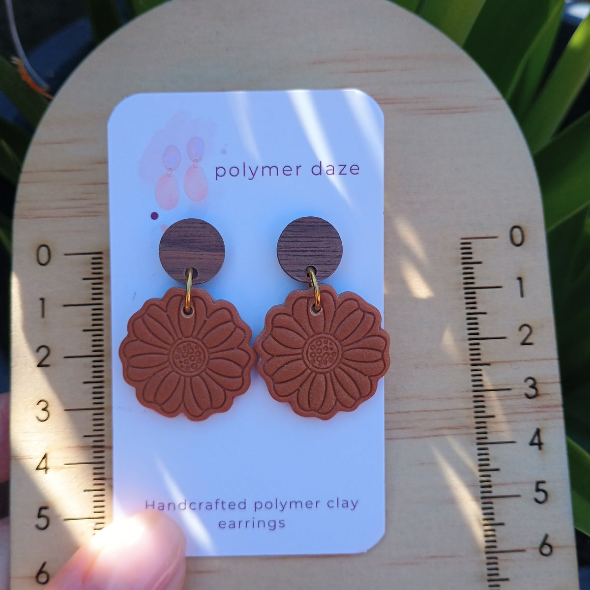 Embossed flower earrings with natural wood stud top brown