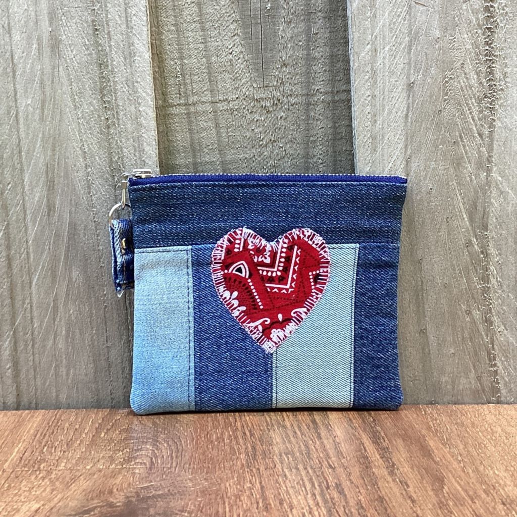 Upcycled Denim Coin Purse - Red Paisley Heart