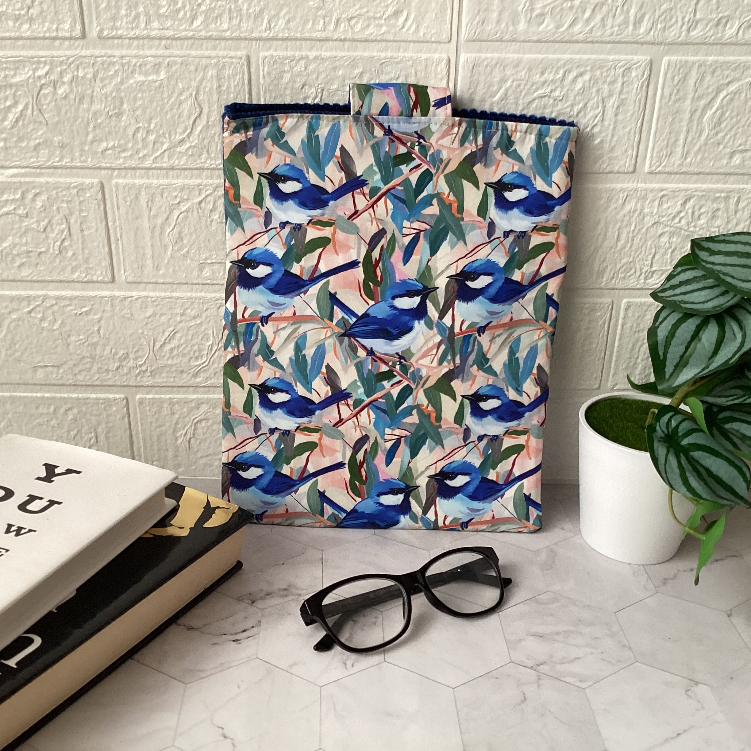 Blue wrens fabric book sleeve with 2 pockets. iPad, tablet pouch