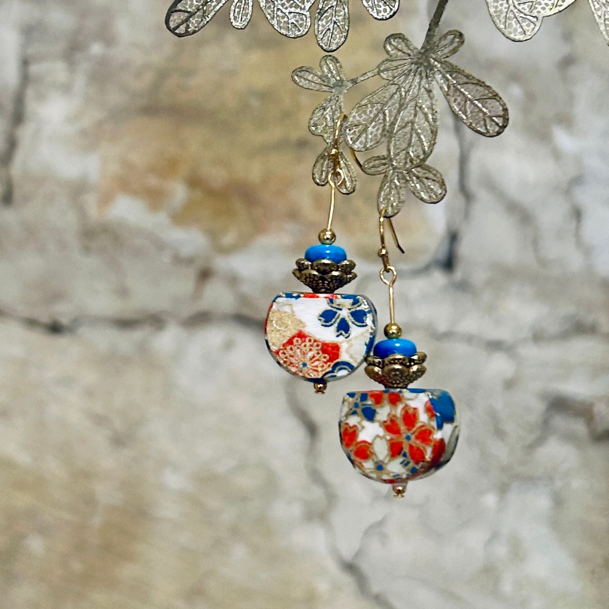 Earrings Floral Japanese Washi Paper Orange Blue White - EB-124