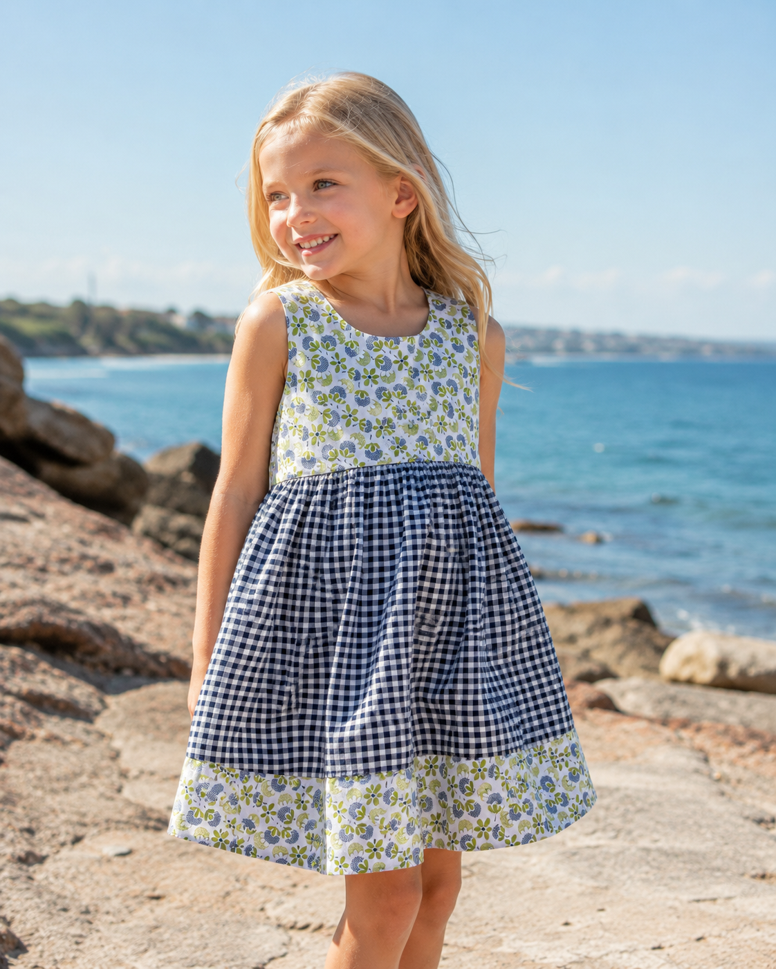 SIZE 5 Lola Dress | Navy gingham and print