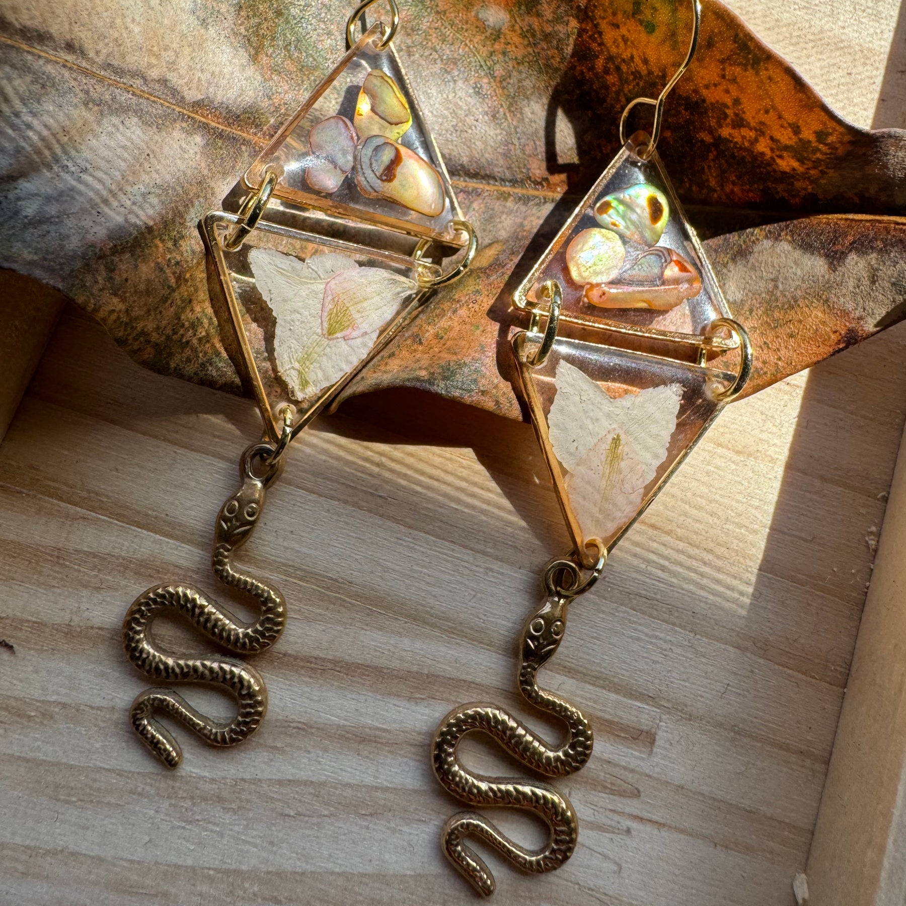 Double triangle cowrie shell and pressed flower resin earrings - gold