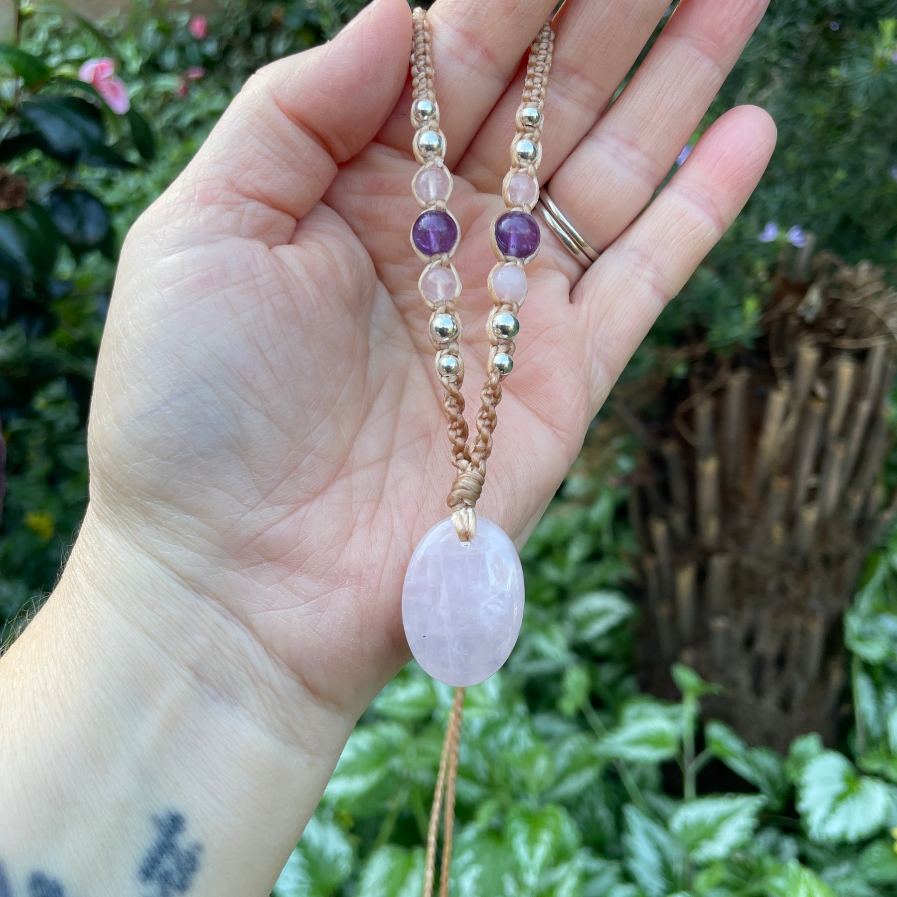 Rose Quartz Pendant, Oval, beaded necklace macrame adjustable