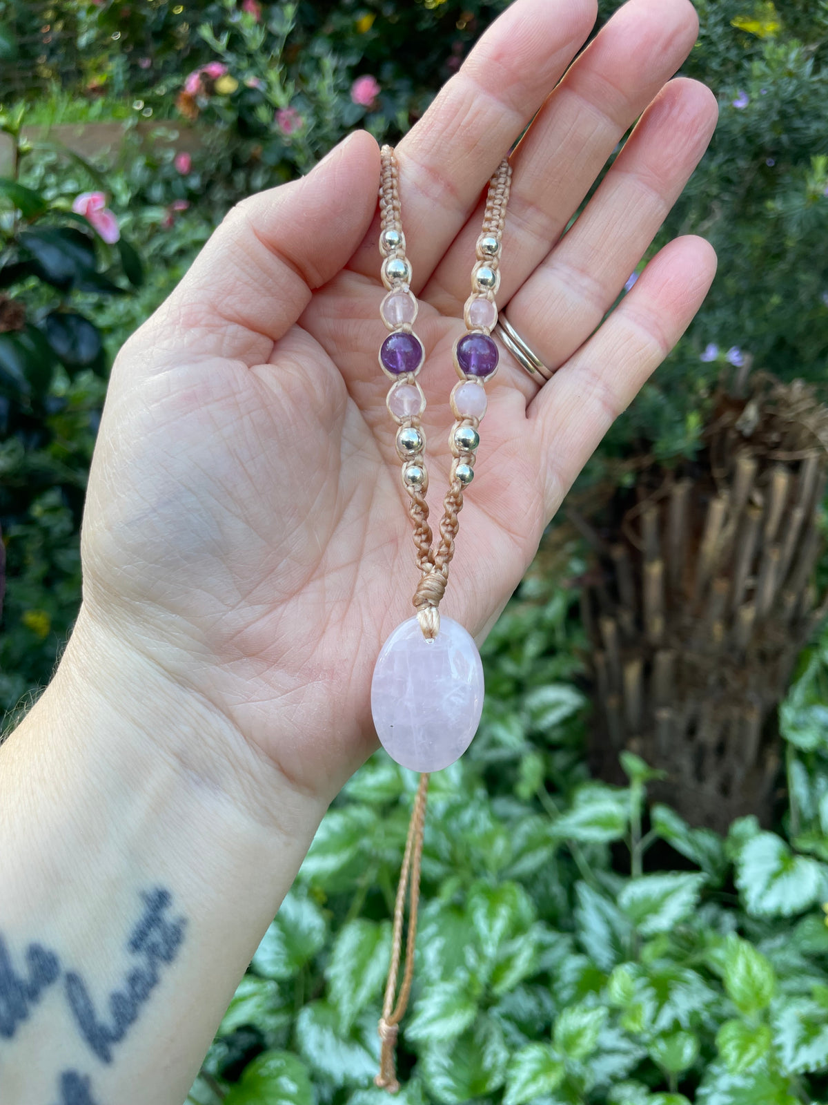 Rose Quartz Pendant, Oval, beaded necklace macrame adjustable