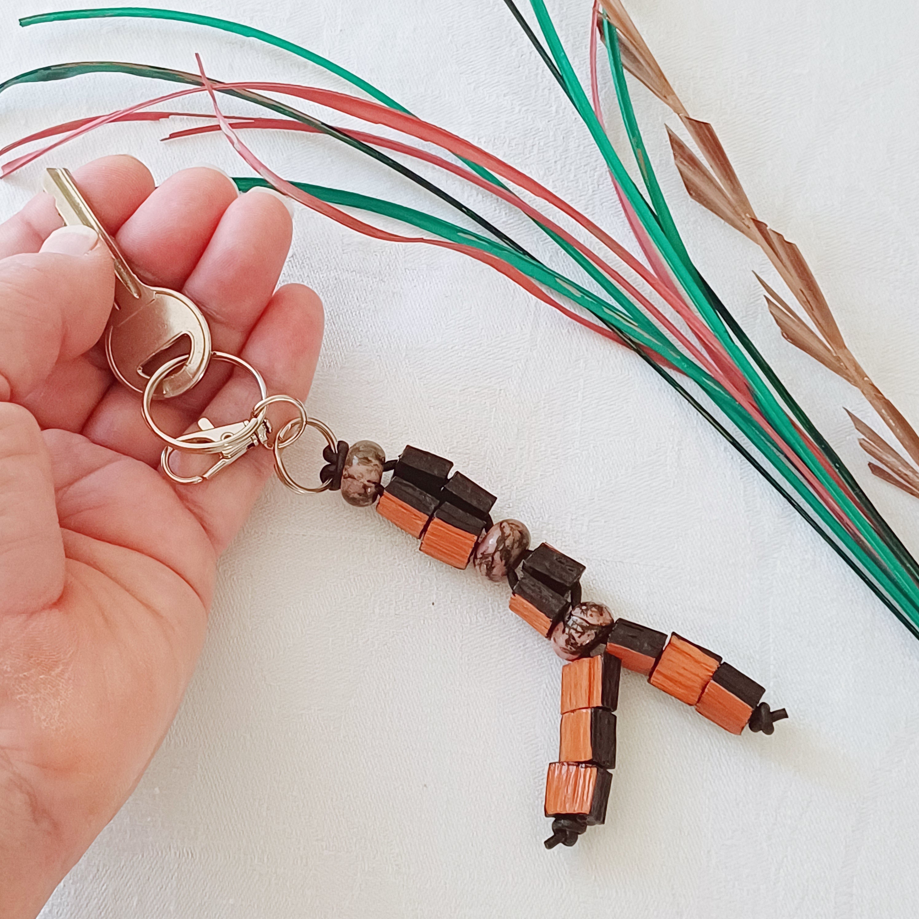 Handmade Palm Leaf Beads and Gemstones Keyring Charm