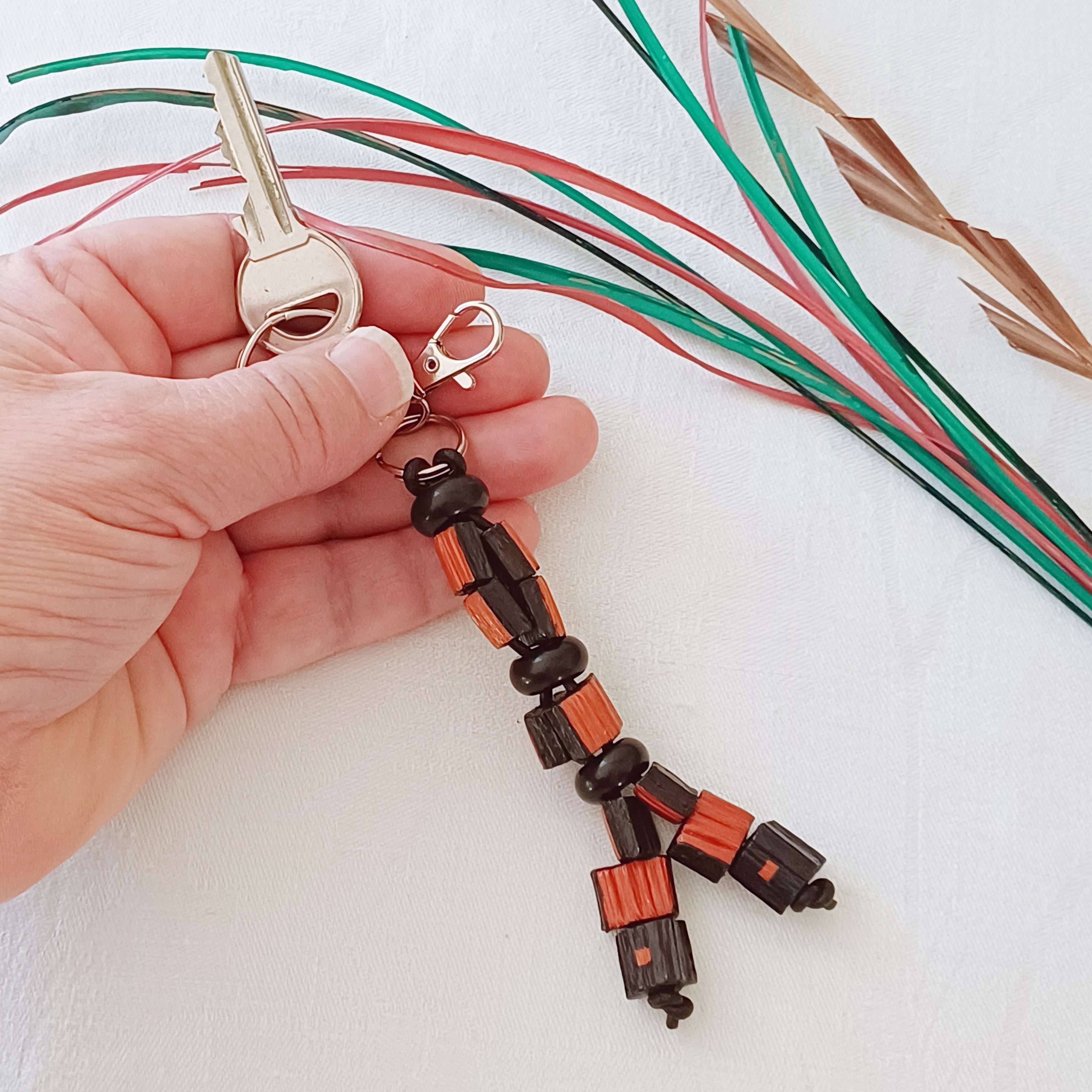 Handmade Palm Leaf Beads and Gemstones Keyring Charm