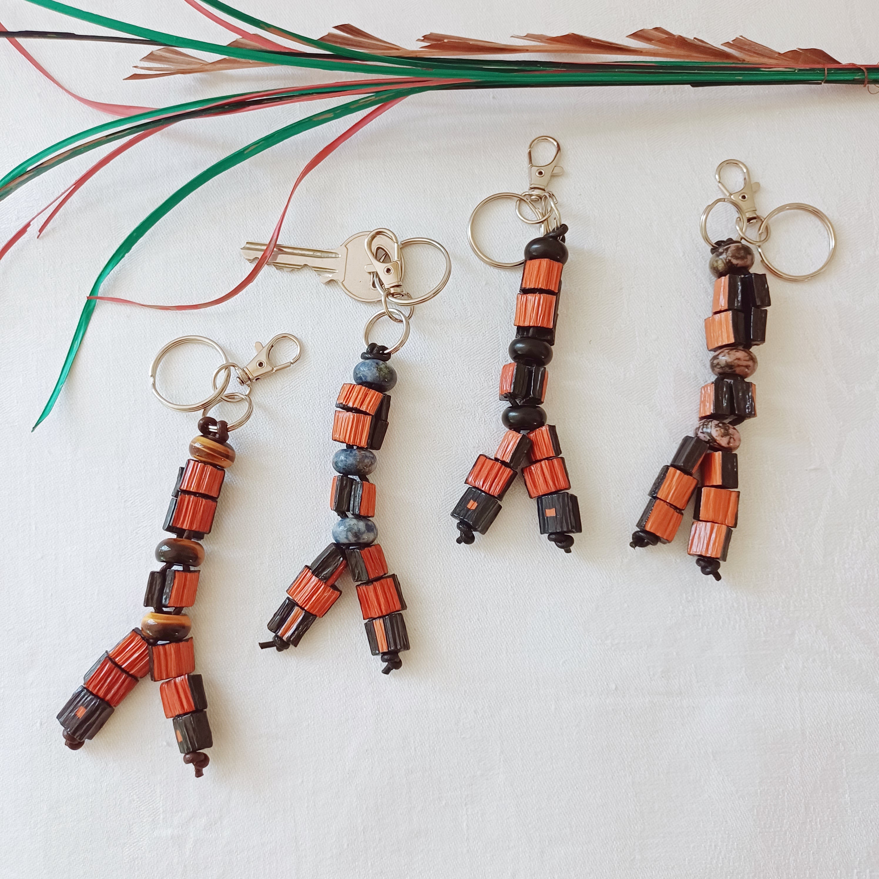Handmade Palm Leaf Beads and Gemstones Keyring Charm