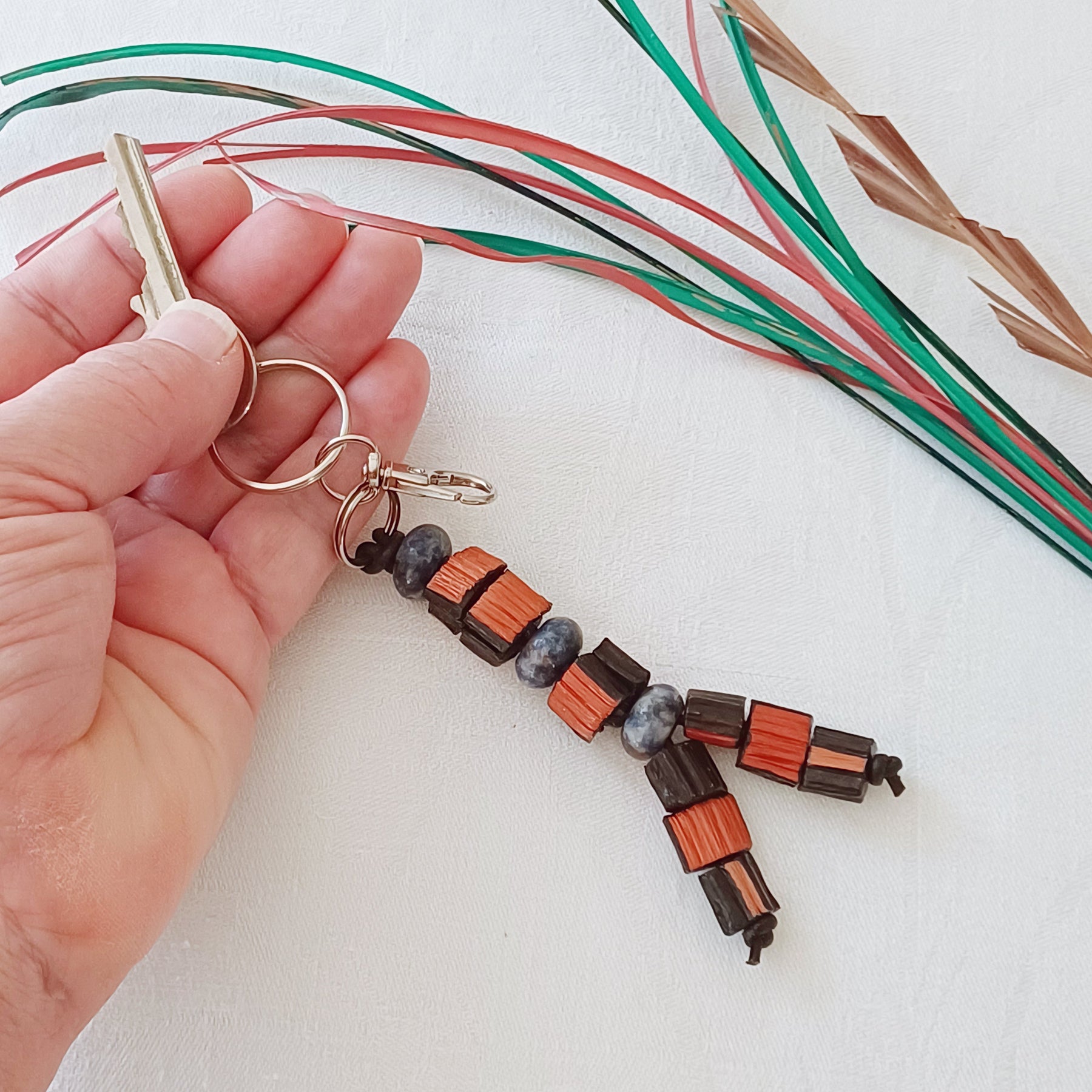 Handmade Palm Leaf Beads and Gemstones Keyring Charm