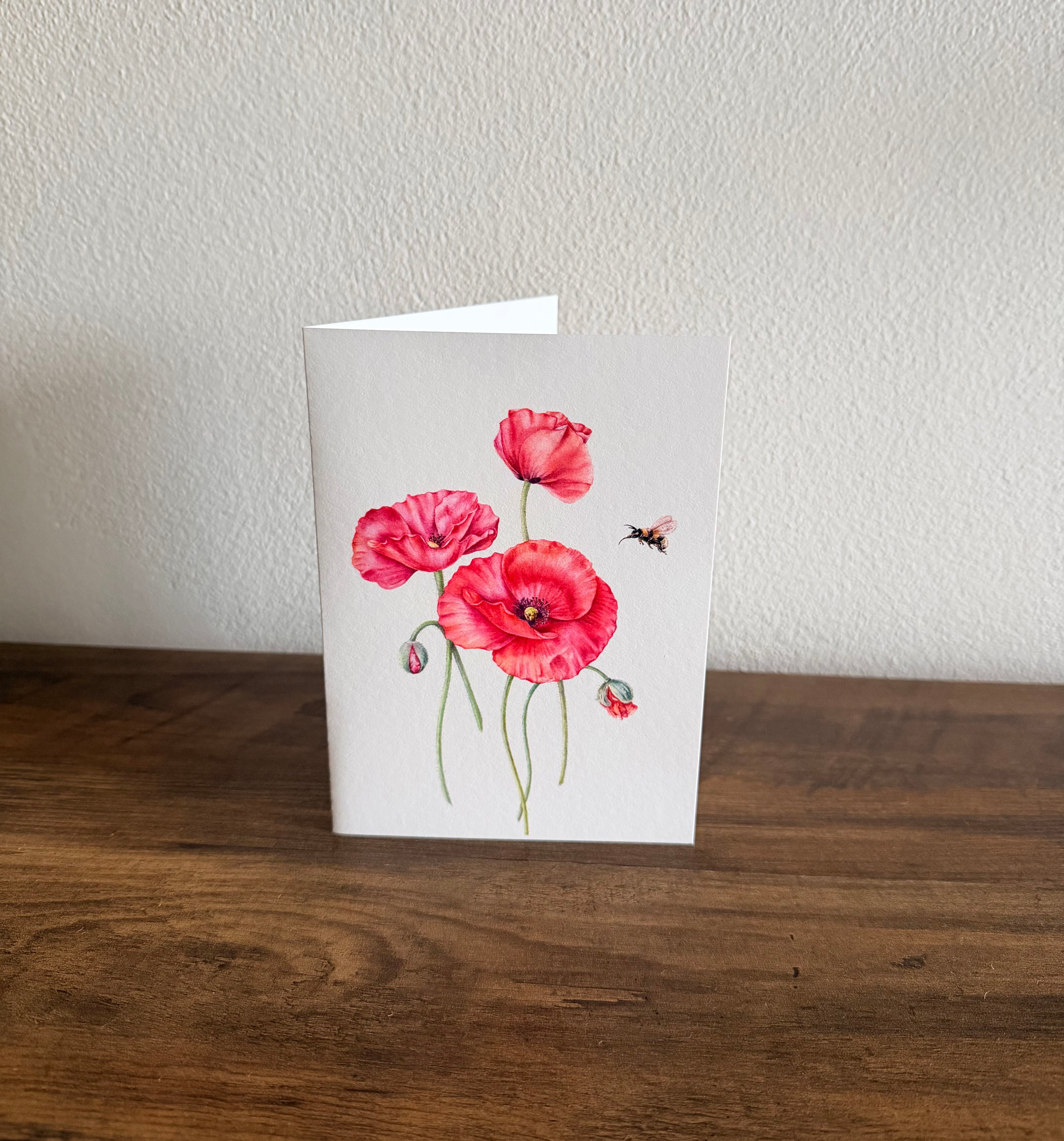 Red Poppy Botanical Art Card - Handmade Watercolor Greeting Card