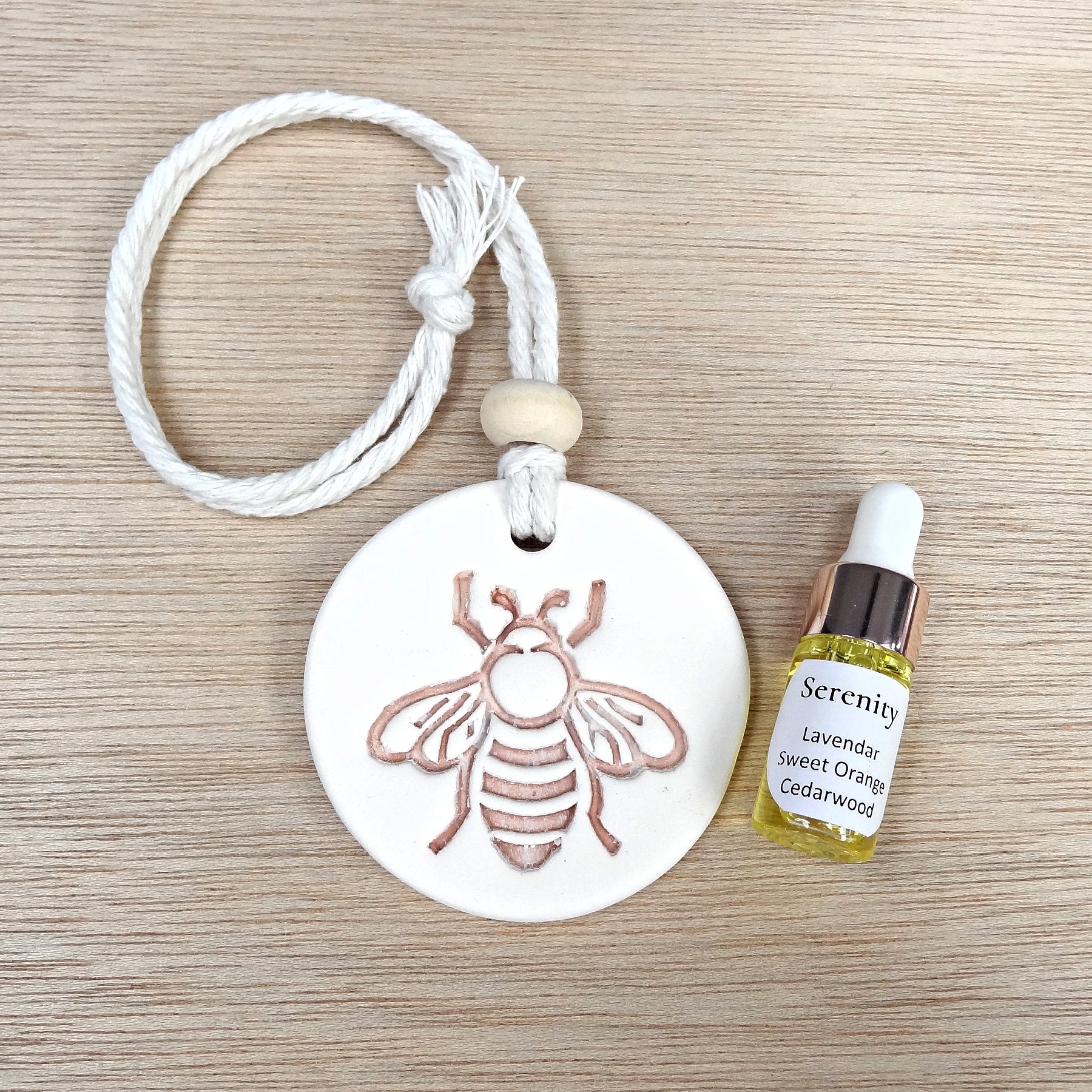 Ceramic Car Diffuser gift set with Essential Oil. Handmade porcelain clay air freshener. Dragonfly, Bee, Ladybird