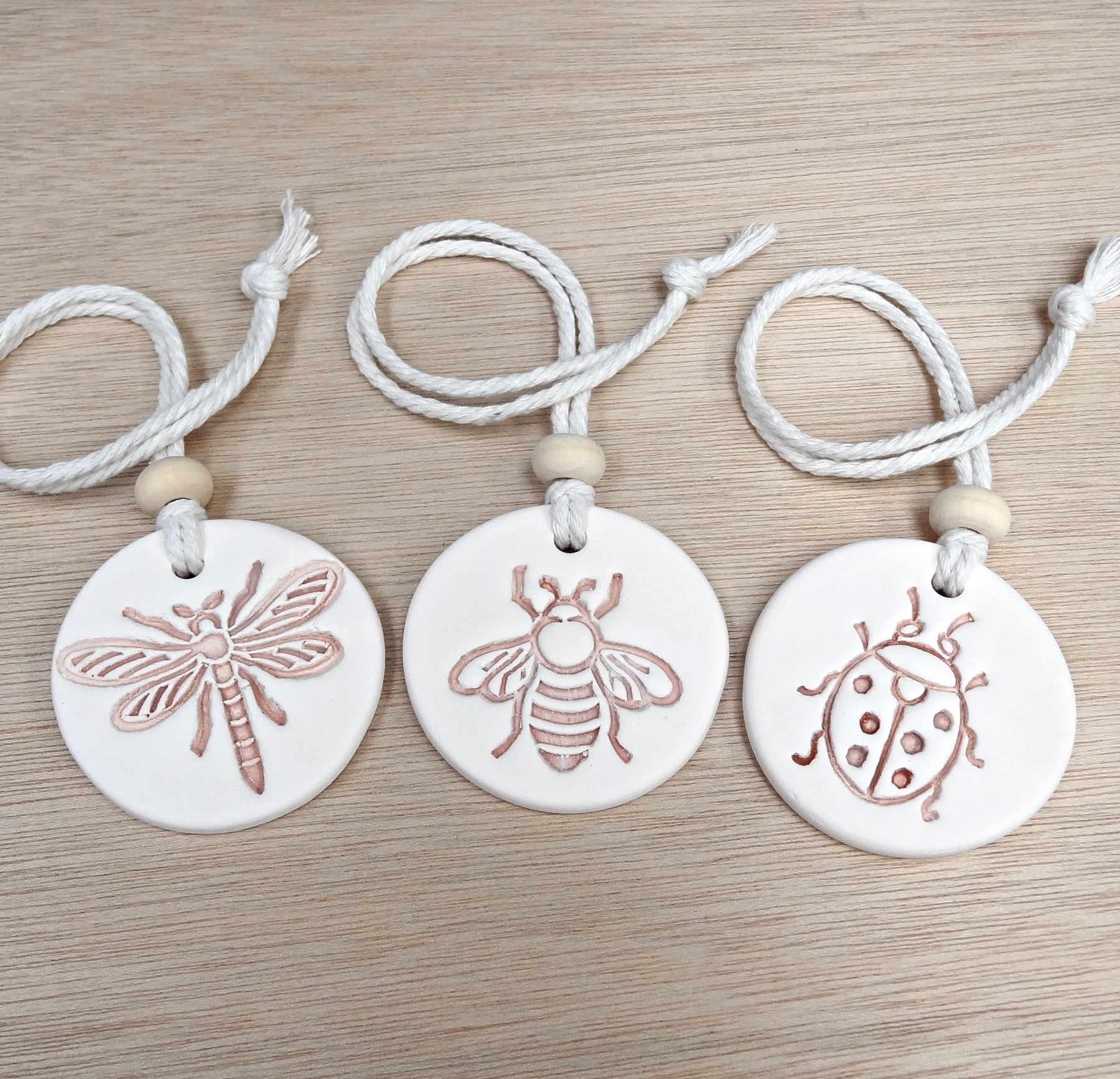 Ceramic Car Diffuser gift set with Essential Oil. Handmade porcelain clay air freshener. Dragonfly, Bee, Ladybird
