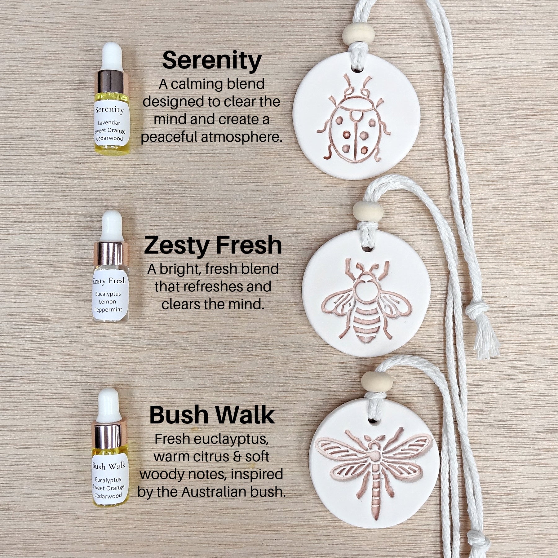 Ceramic Car Diffuser gift set with Essential Oil. Handmade porcelain clay air freshener. Dragonfly, Bee, Ladybird