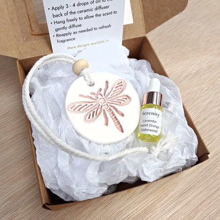 Ceramic Car Diffuser gift set with Essential Oil. Handmade porcelain clay air freshener. Dragonfly, Bee, Ladybird