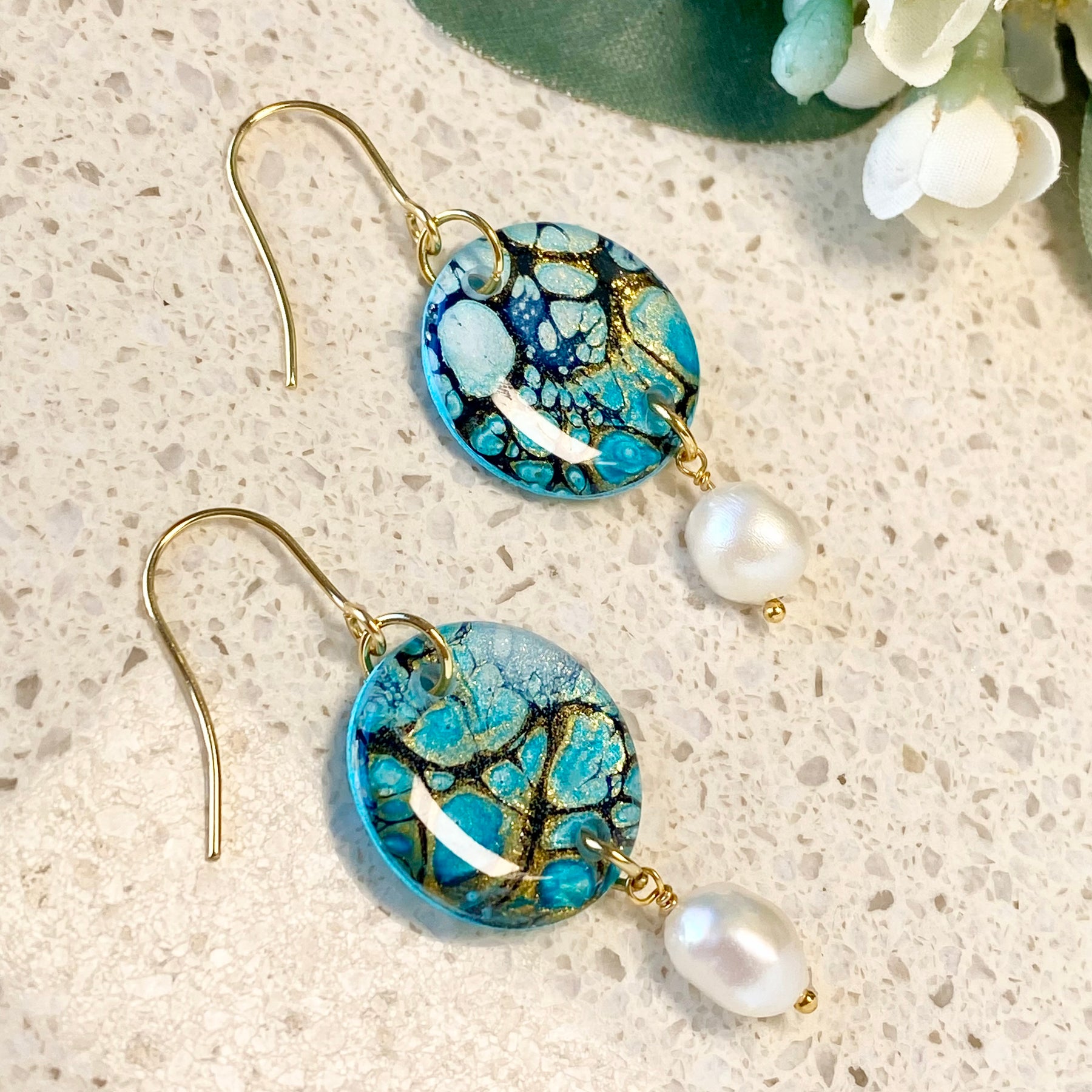 Hand-Painted Earrings with Freshwater Pearls