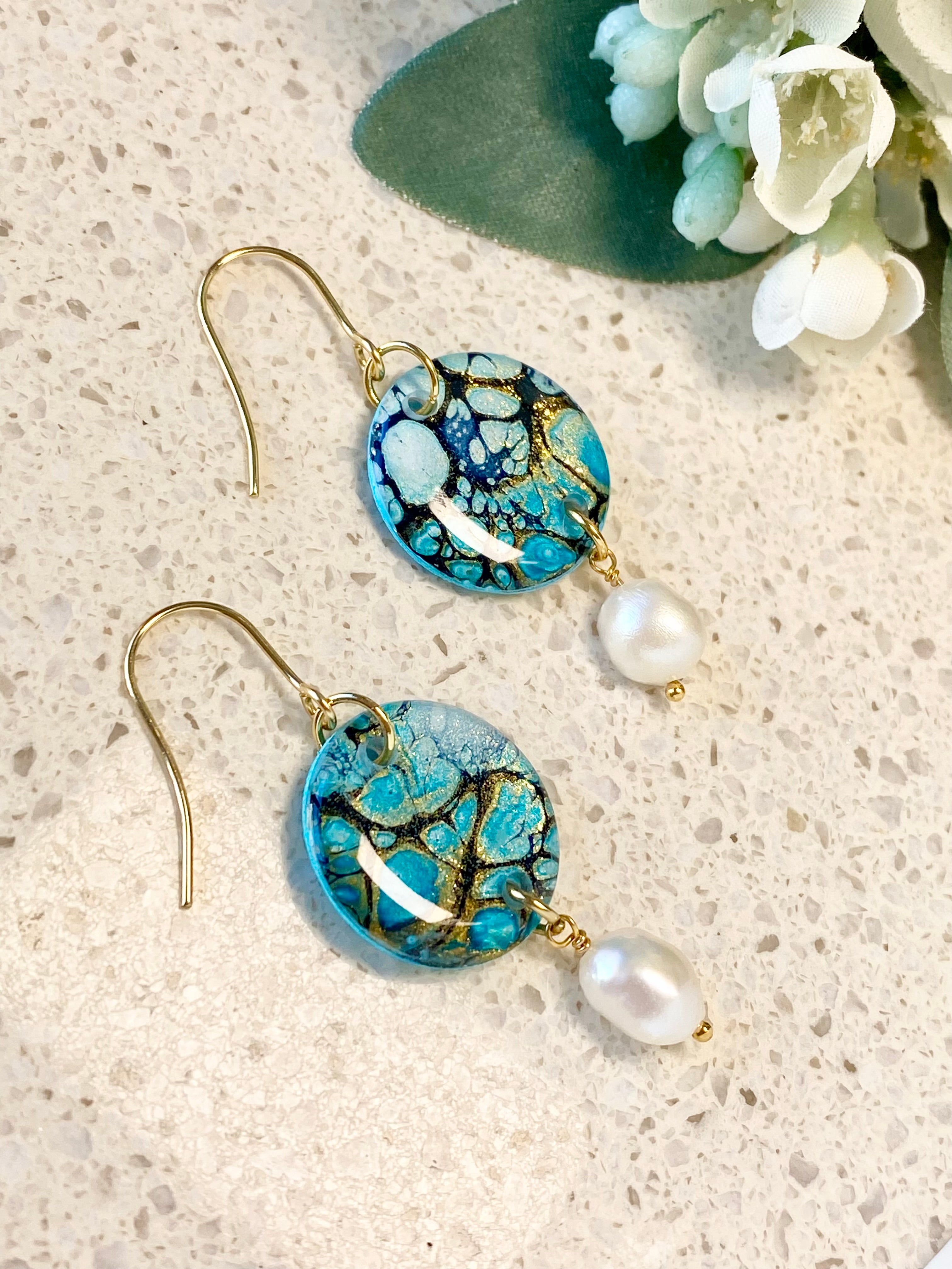 Hand-Painted Earrings with Freshwater Pearls
