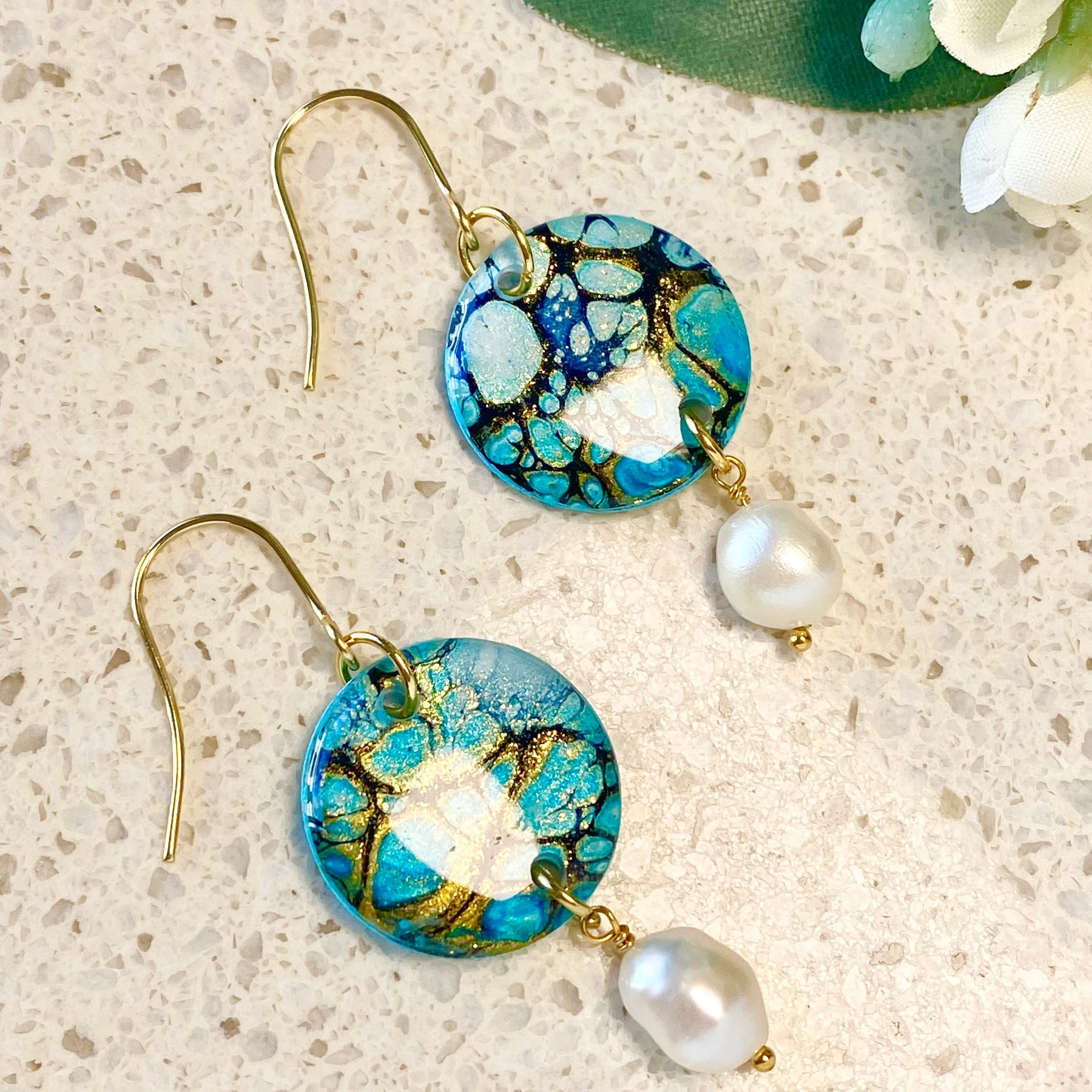 Hand-Painted Earrings with Freshwater Pearls