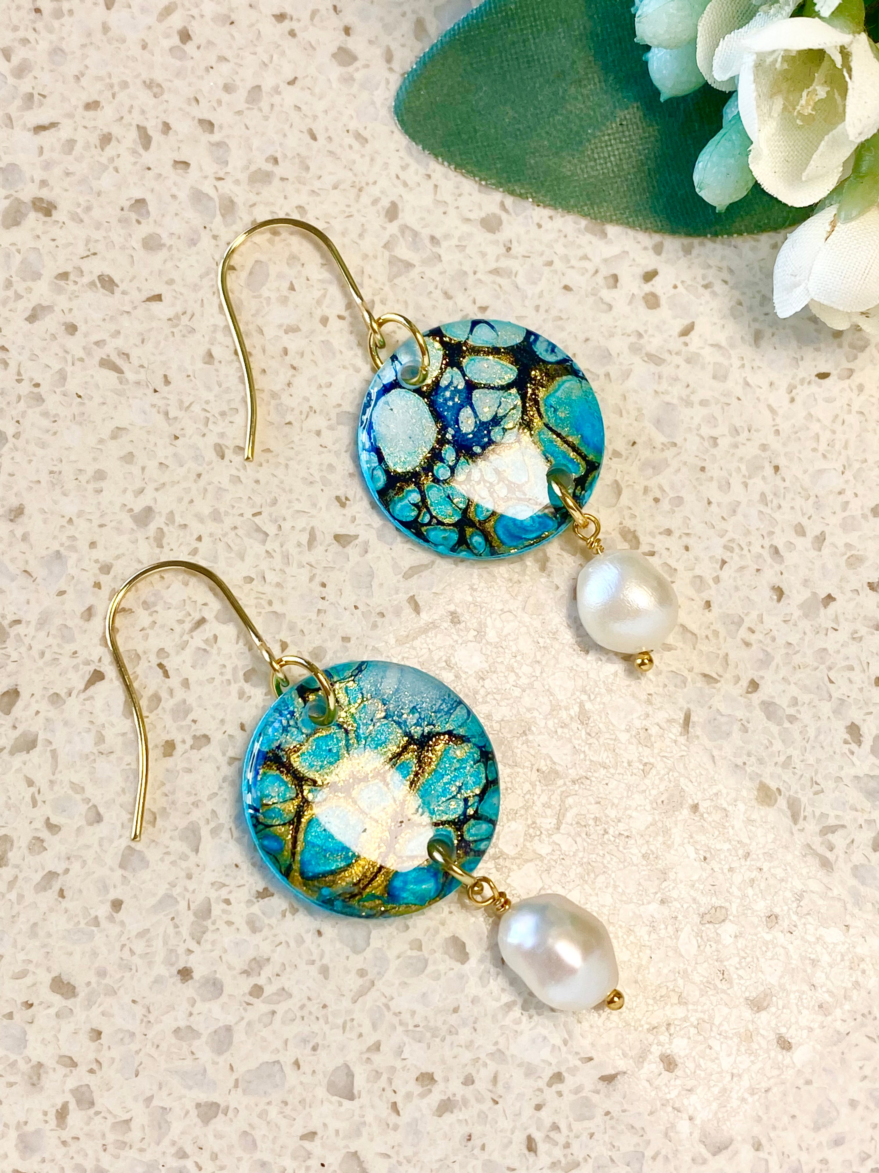 Hand-Painted Earrings with Freshwater Pearls