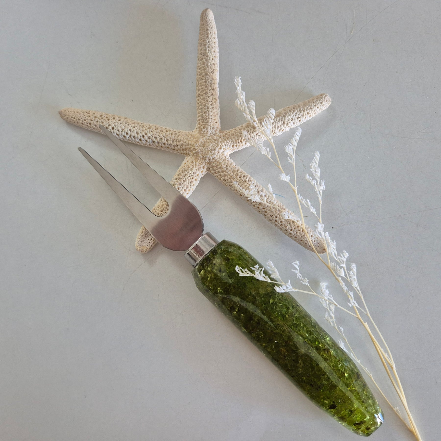 Handmade resin cheese knives with inlaid stones or botanicals