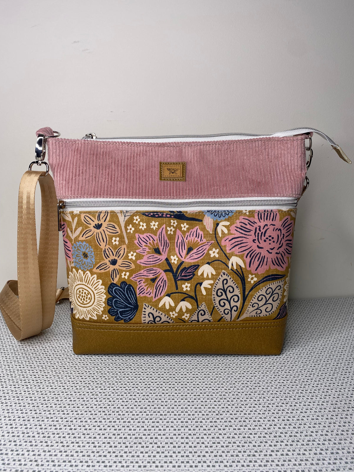 Lola Crossbody Bag - Pink Floral on Mustard/Pink Corduroy Fabric and Tan Faux Leather