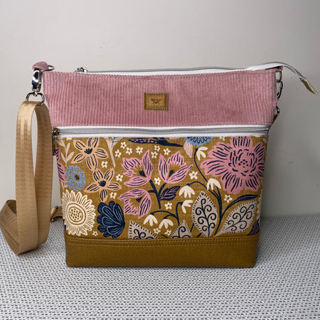 Lola Crossbody Bag - Pink Floral on Mustard/Pink Corduroy Fabric and Tan Faux Leather