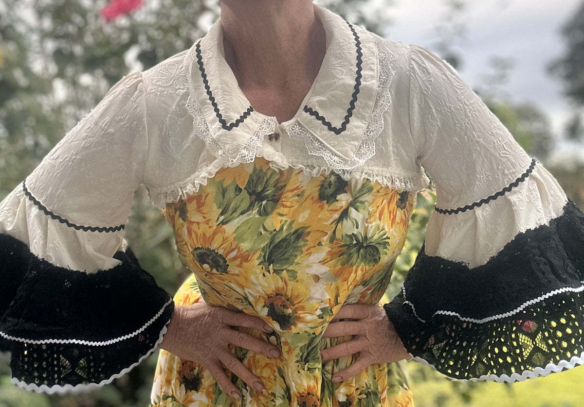 Upcycled Cream Embossed Bolero Black Lace Sleeves