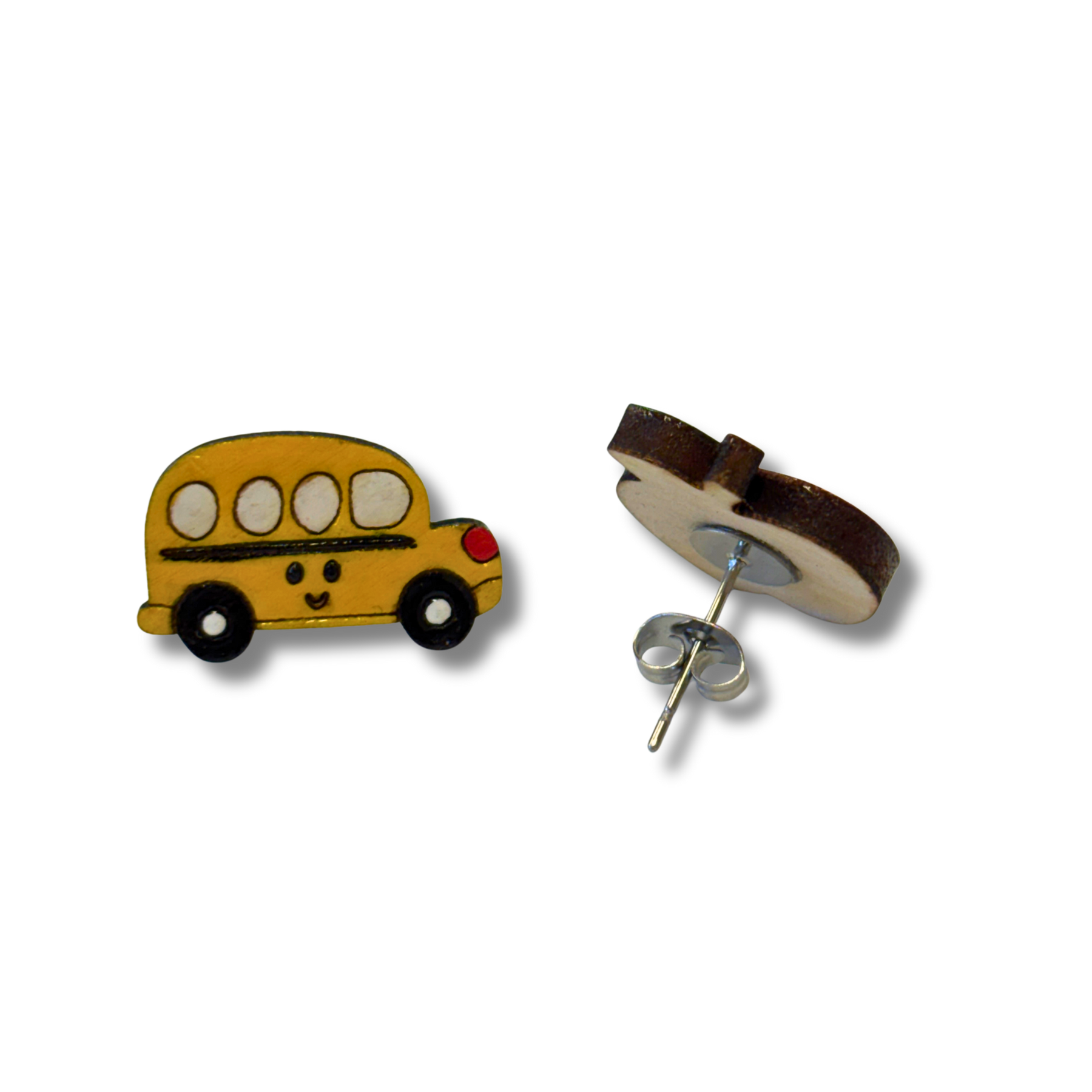 School Bus & Apple Teacher studs - hand painted, wooden earrings