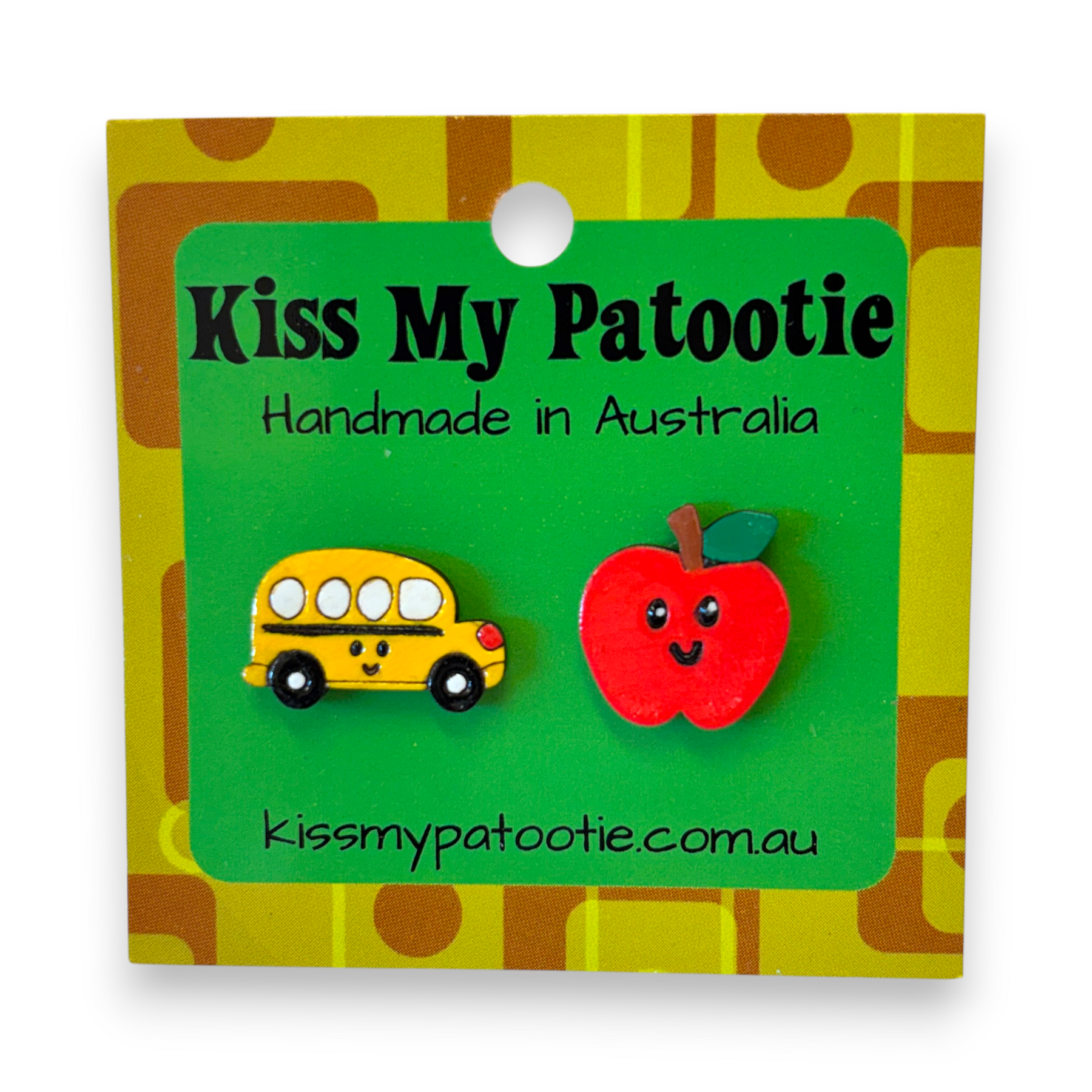 School Bus & Apple Teacher studs - hand painted, wooden earrings