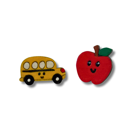 School Bus & Apple Teacher studs - hand painted, wooden earrings