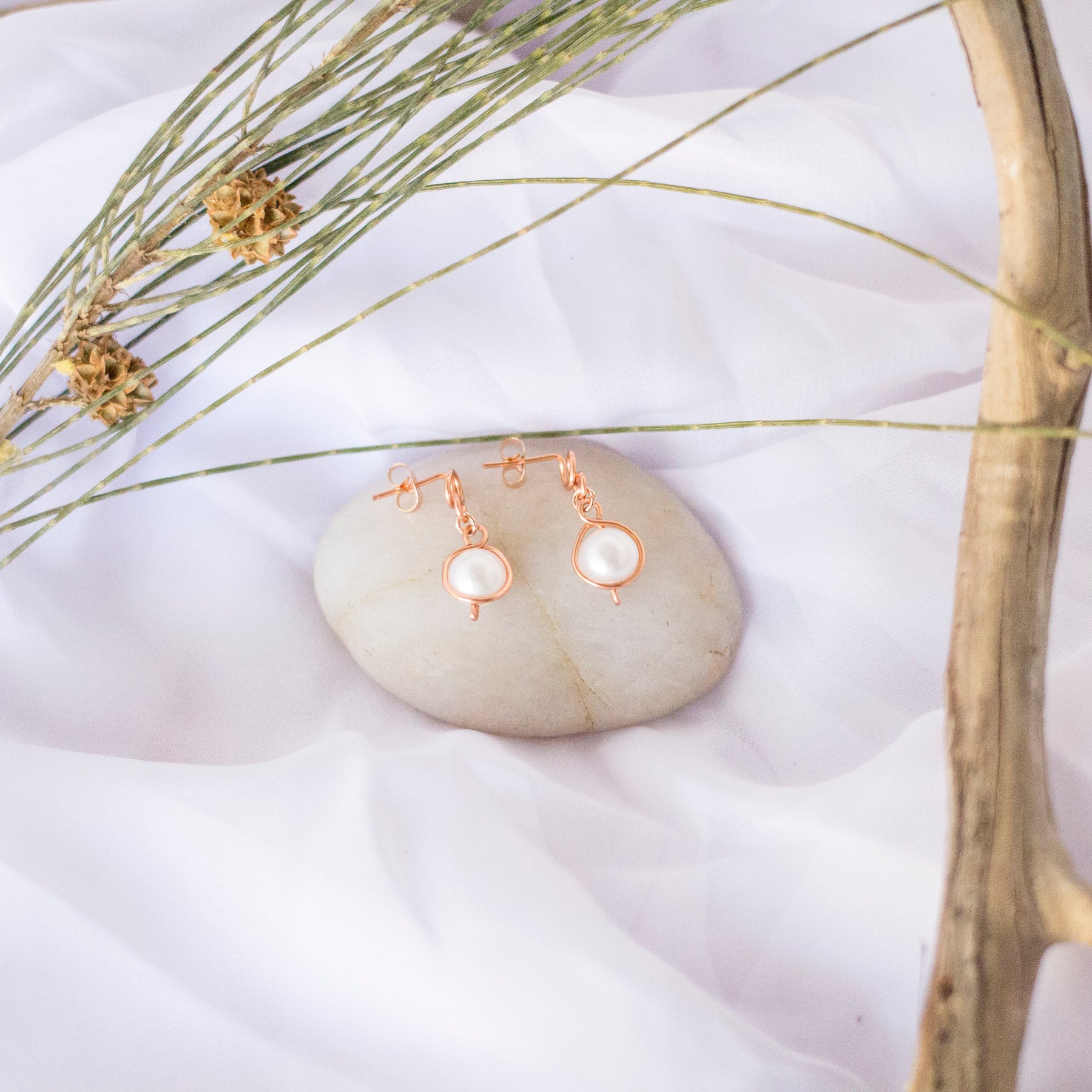 Baroque Pearl Bright Copper Loop Stud Earrings | Rose Gold Coloured