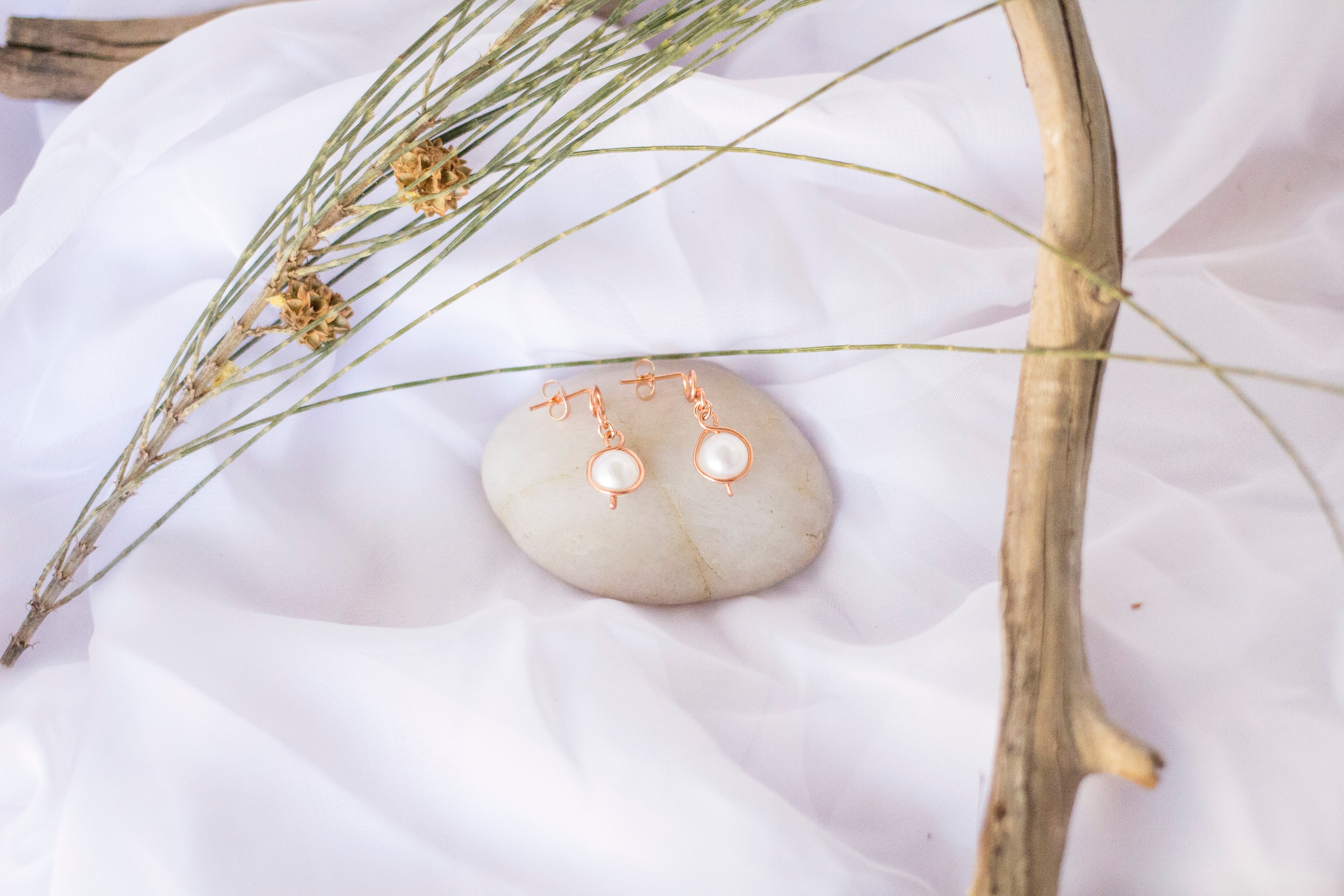 Baroque Pearl Bright Copper Loop Stud Earrings | Rose Gold Coloured