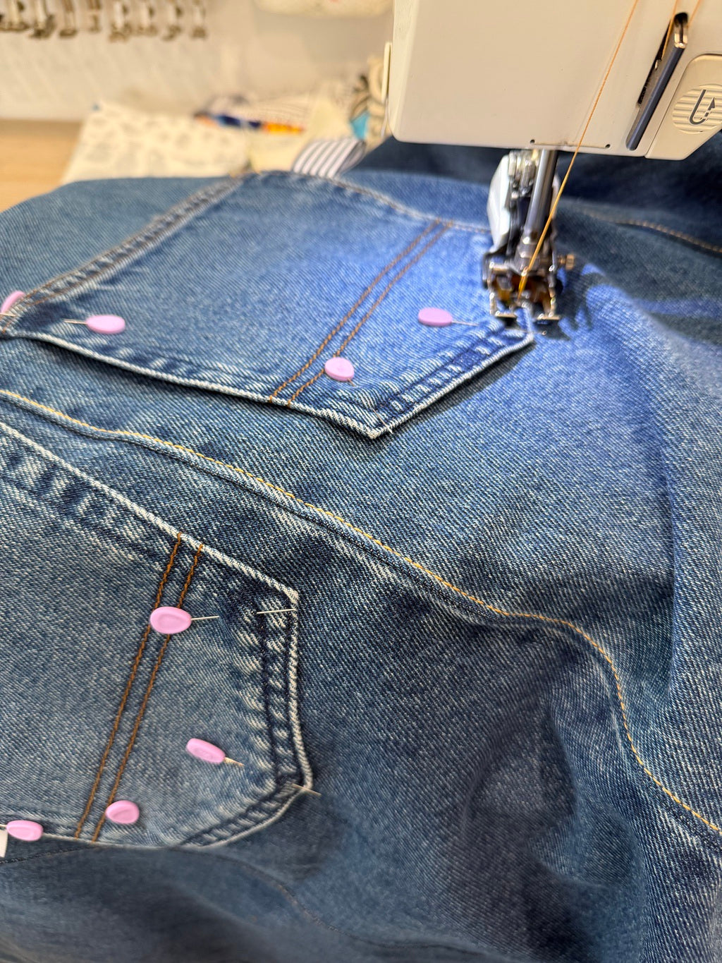 Up cycled denim Japanese style cross back kitchen apron. Crafting, gardening, no ties apron.