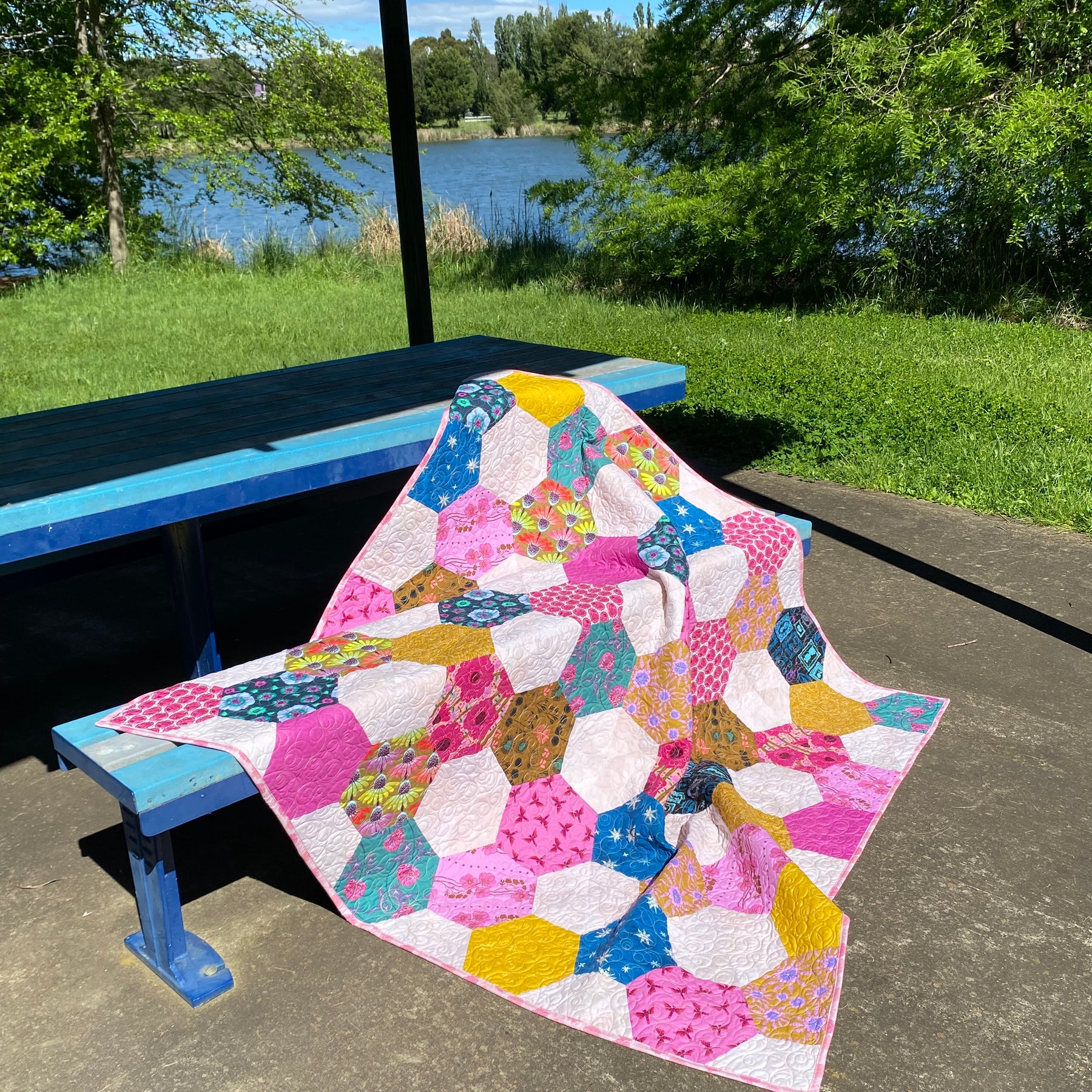 Hexagon Modern Quilt -  Pink Brights and friends