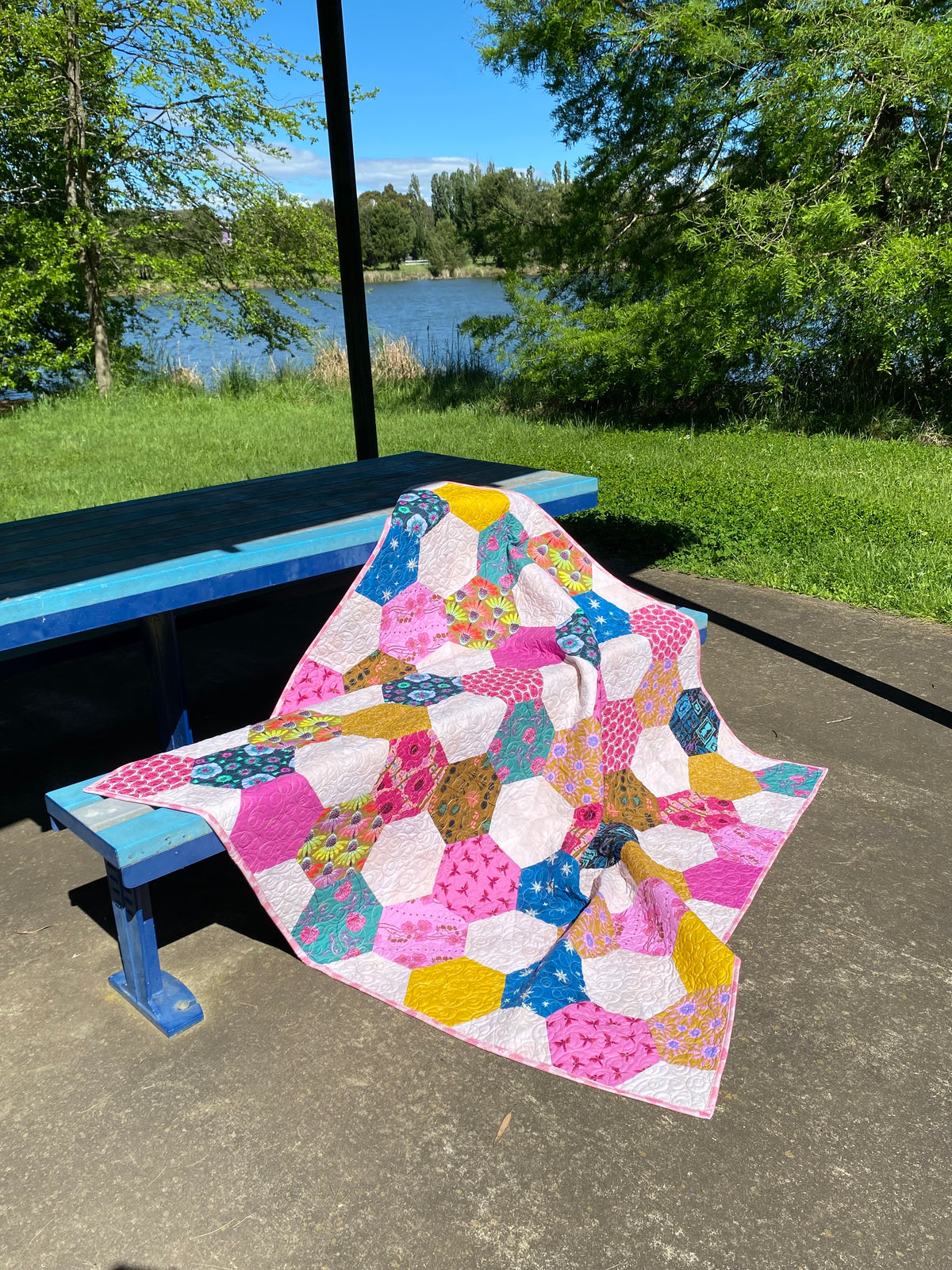 Hexagon Modern Quilt -  Pink Brights and friends