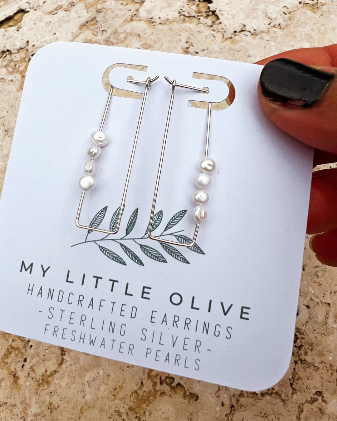 Rectangular Hooped Pearl Earrings Sterling Silver | Rose Gold