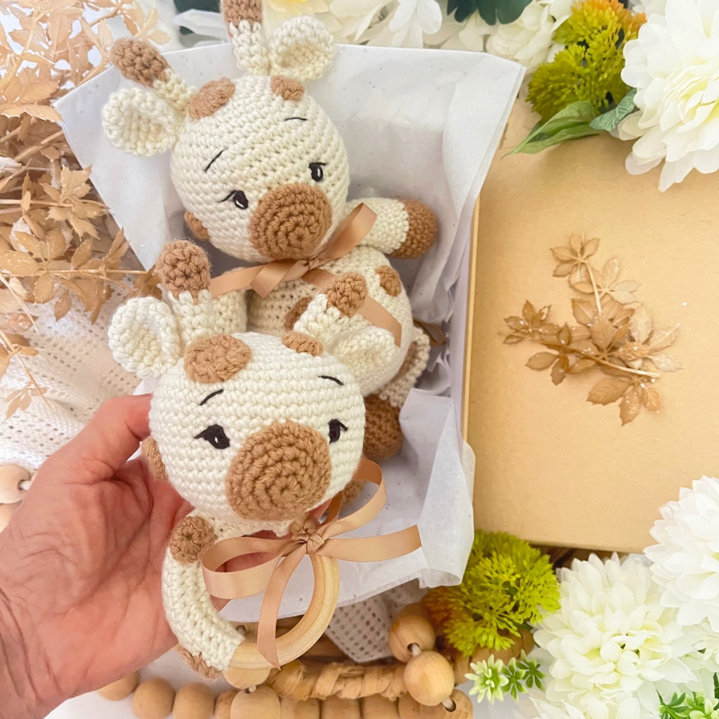 Handmade Crochet Giraffe Soft Toy Teether Baby Gift Set