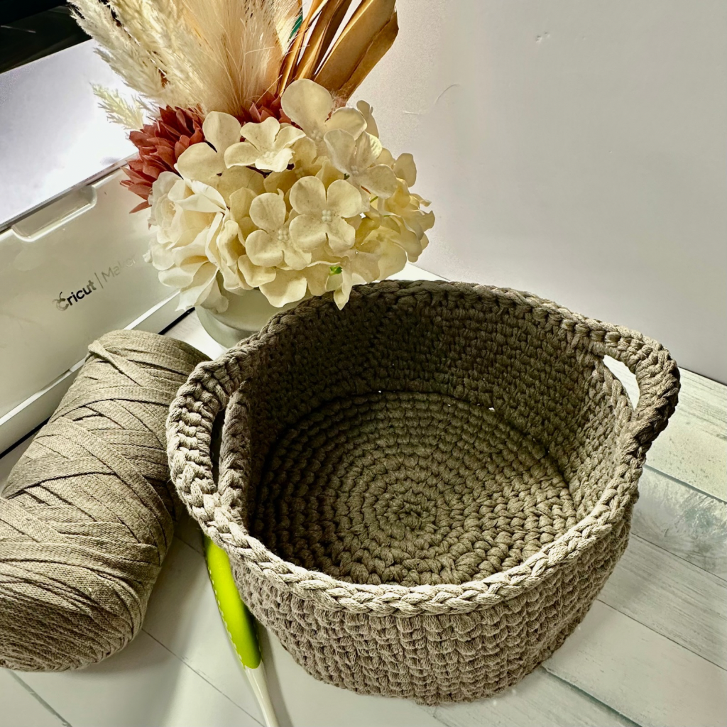 Neutral Beige Crocheted Basket - Large with Handles