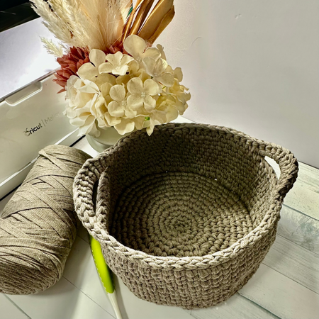 Neutral Beige Crocheted Basket - Large with Handles