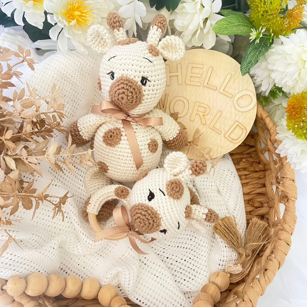 Handmade Crochet Giraffe Soft Toy Teether Baby Gift Set
