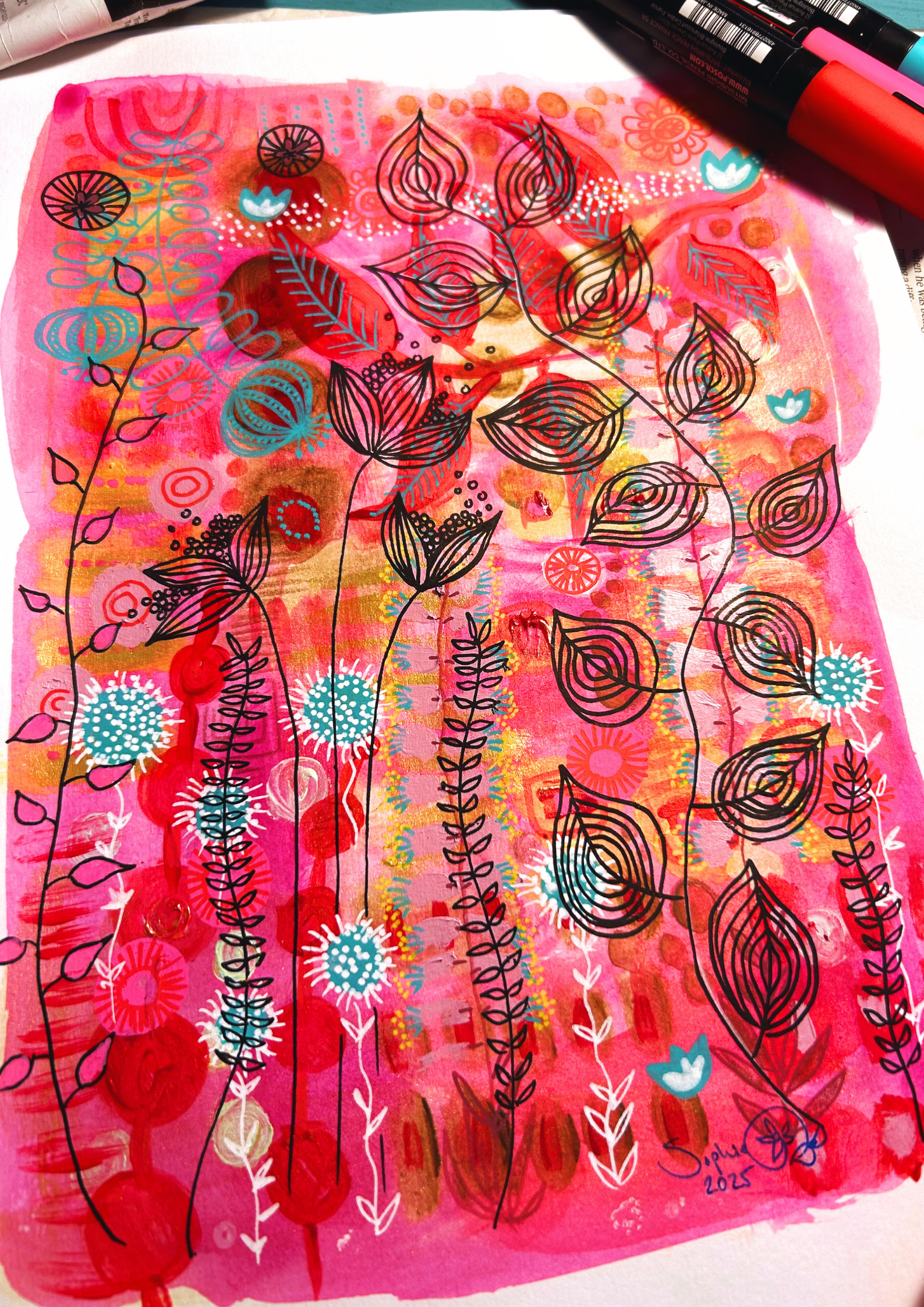 Hand Painted Original Art : Blossoming In Hot Pink