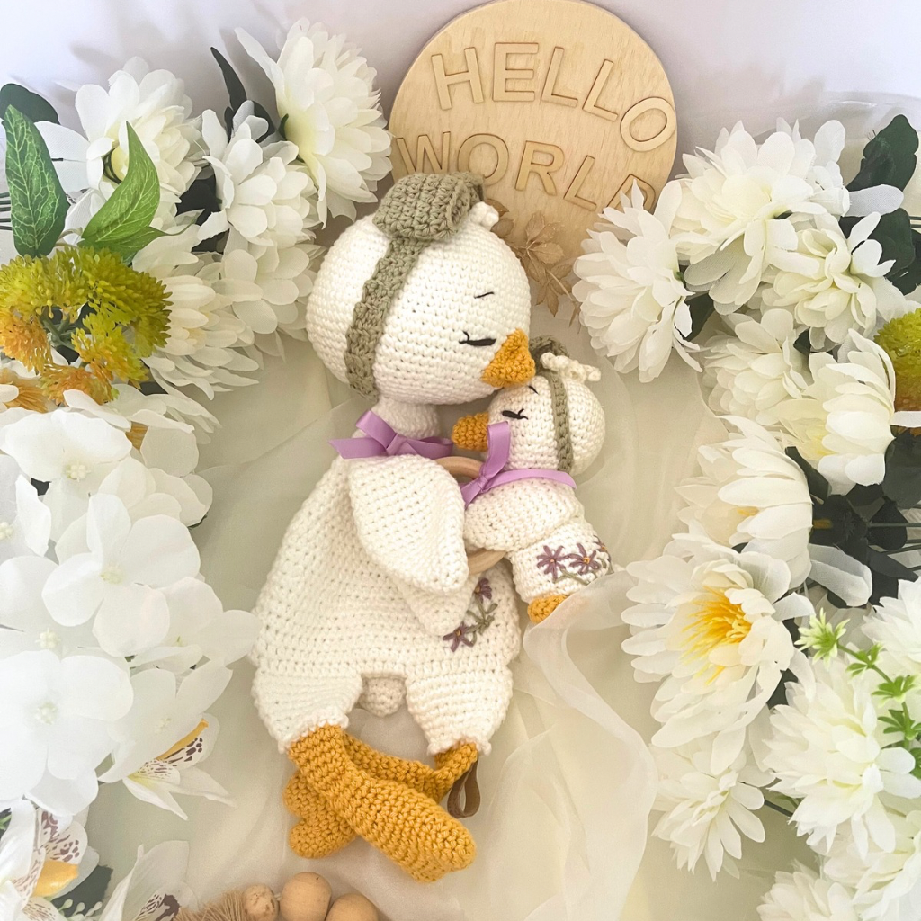 Handmade Crochet Missy Goose Snuggler Teether Baby Gift Set