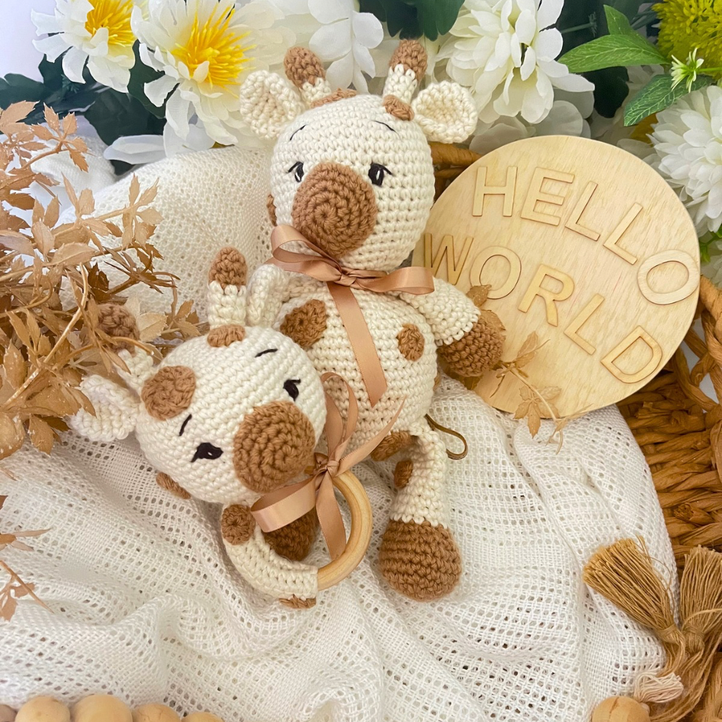 Handmade Crochet Giraffe Soft Toy Teether Baby Gift Set