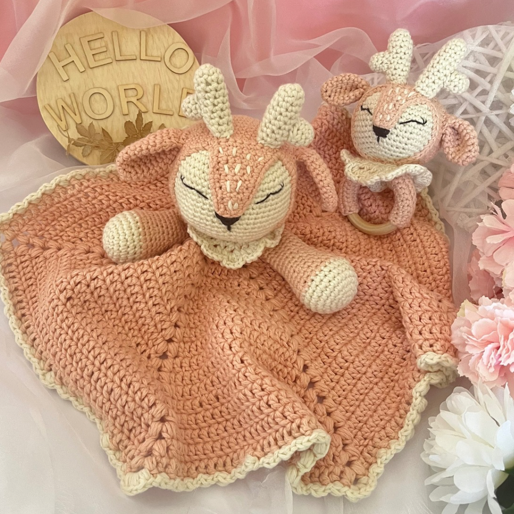 Crochet Fawn Snuggler And Teether Baby Gift Set